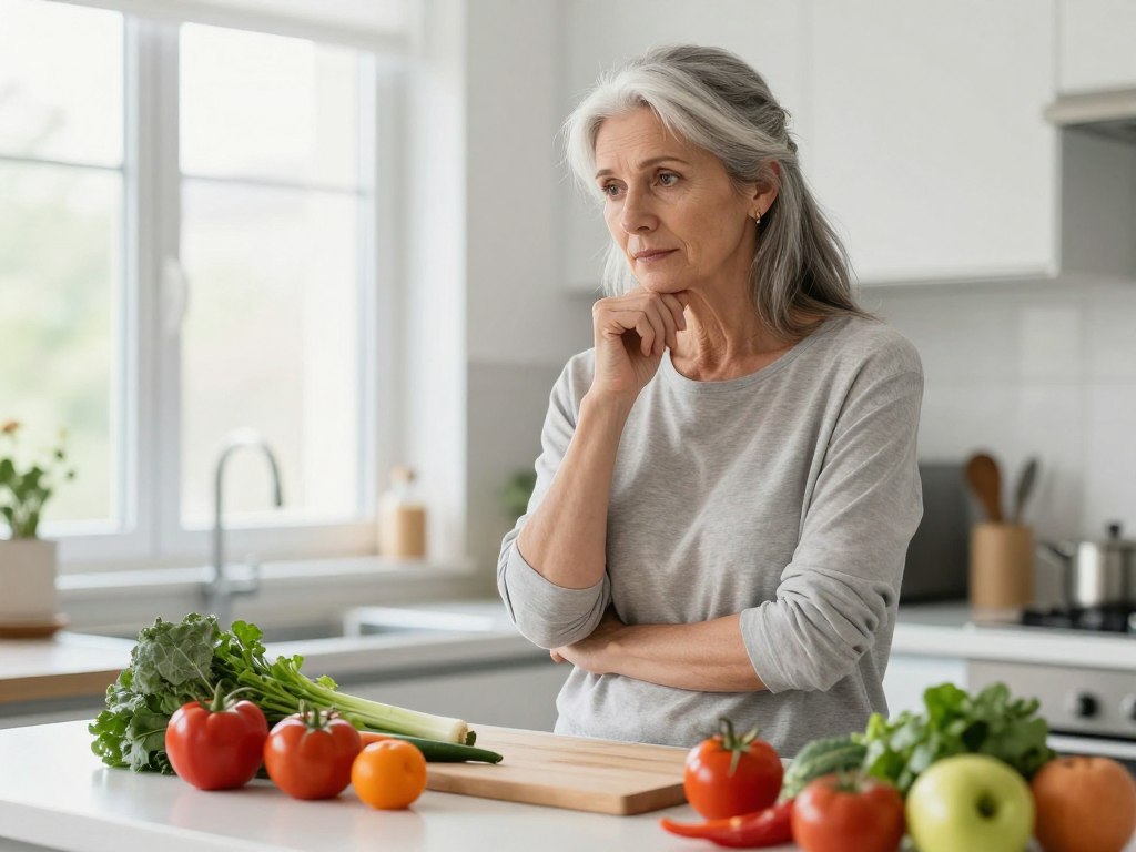 Mature woman over 50 looking thoughtfully at healthy Mediterranean food options