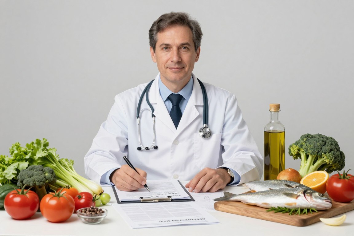 Medical research documents and healthy Mediterranean foods