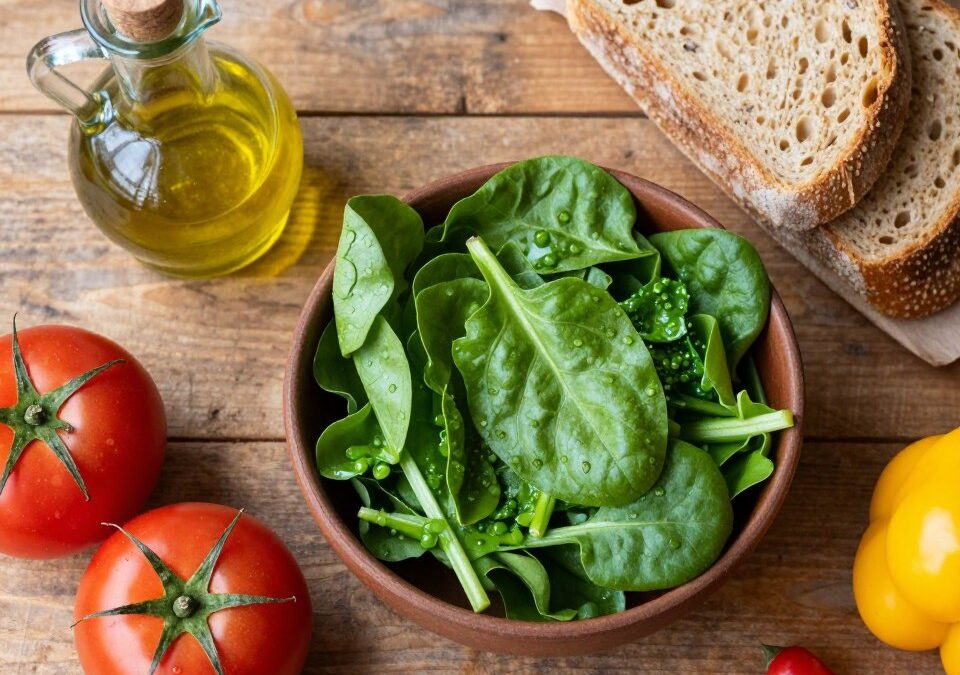 Mediterranean diet for psoriasis featuring fresh vegetables and olive oil