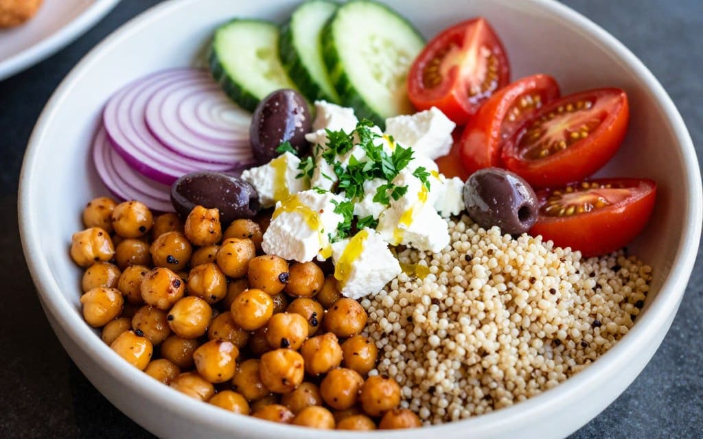 Mediterranean lunch bowl with chickpeas, vegetables, olive oil, and whole grains arranged for afternoon energy