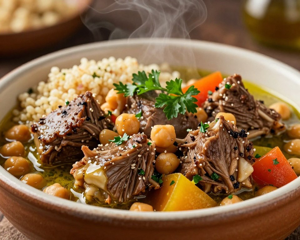 Mediterranean slow-cooked lamb dish with vegetables and chickpeas in rustic bowl