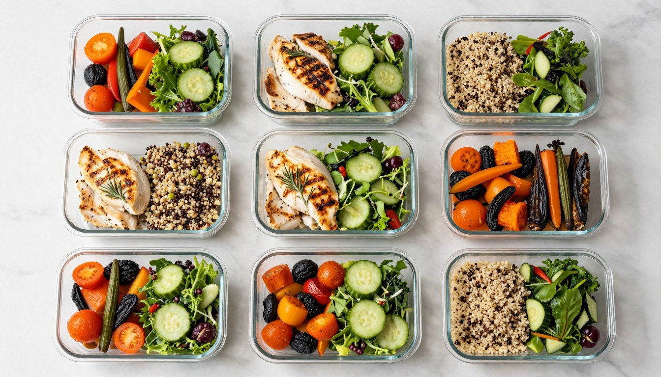 Organized meal prep containers with Mediterranean diet portions for the week