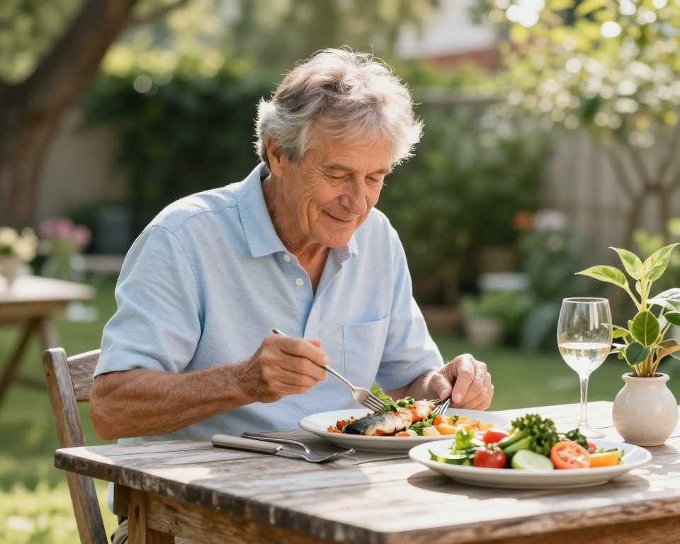 Peaceful senior person enjoying healthy Mediterranean meal outdoors