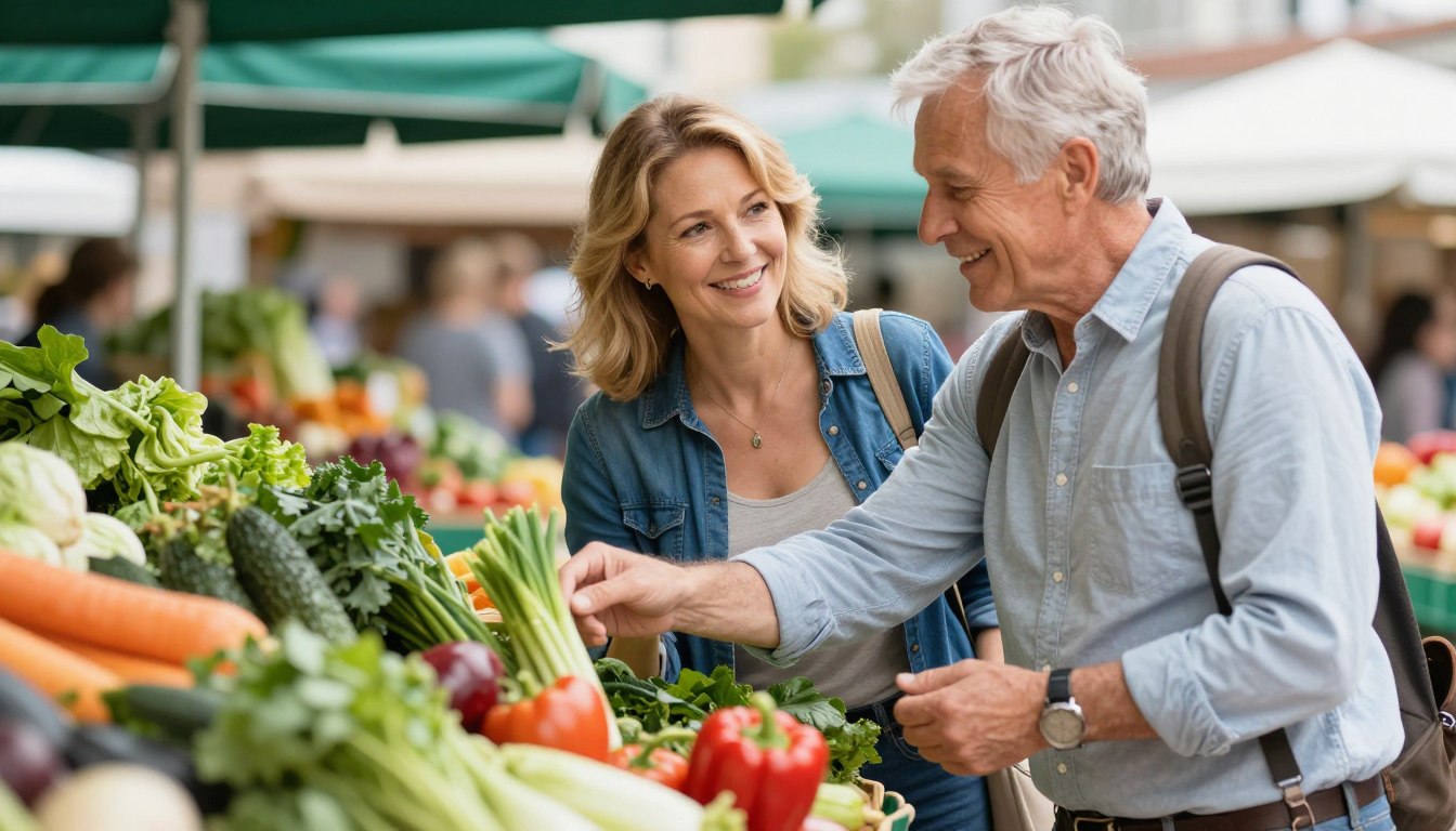 Senior couple shopping for fresh vegetables at farmers market