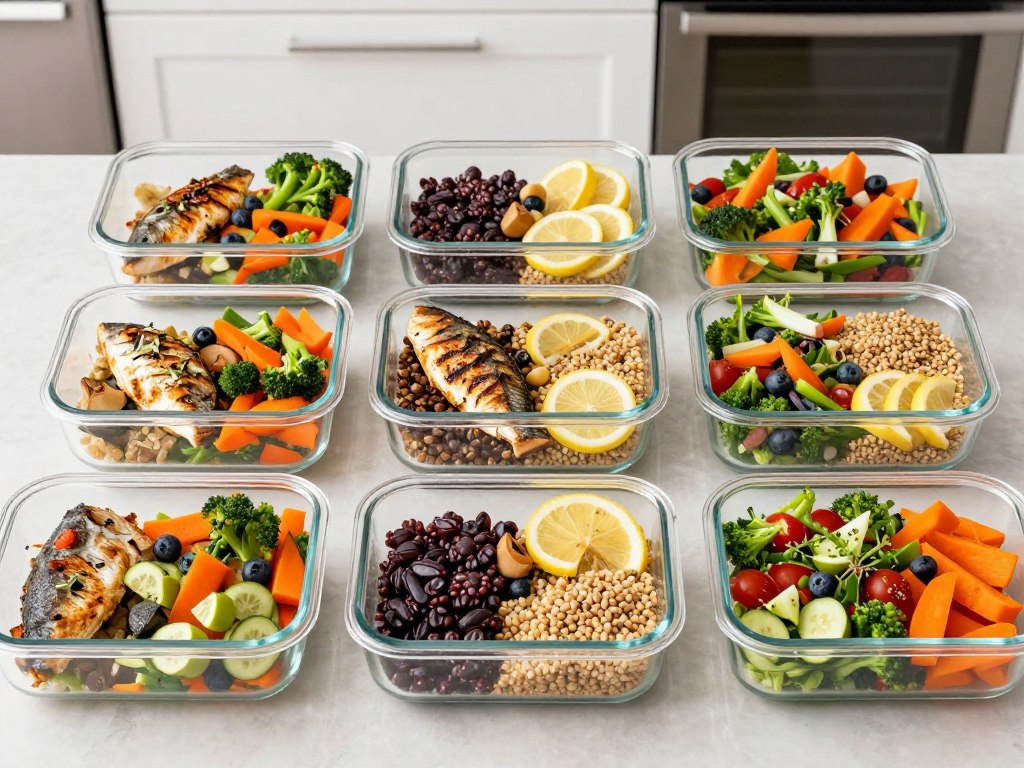 Weekly meal prep containers with Mediterranean meals
