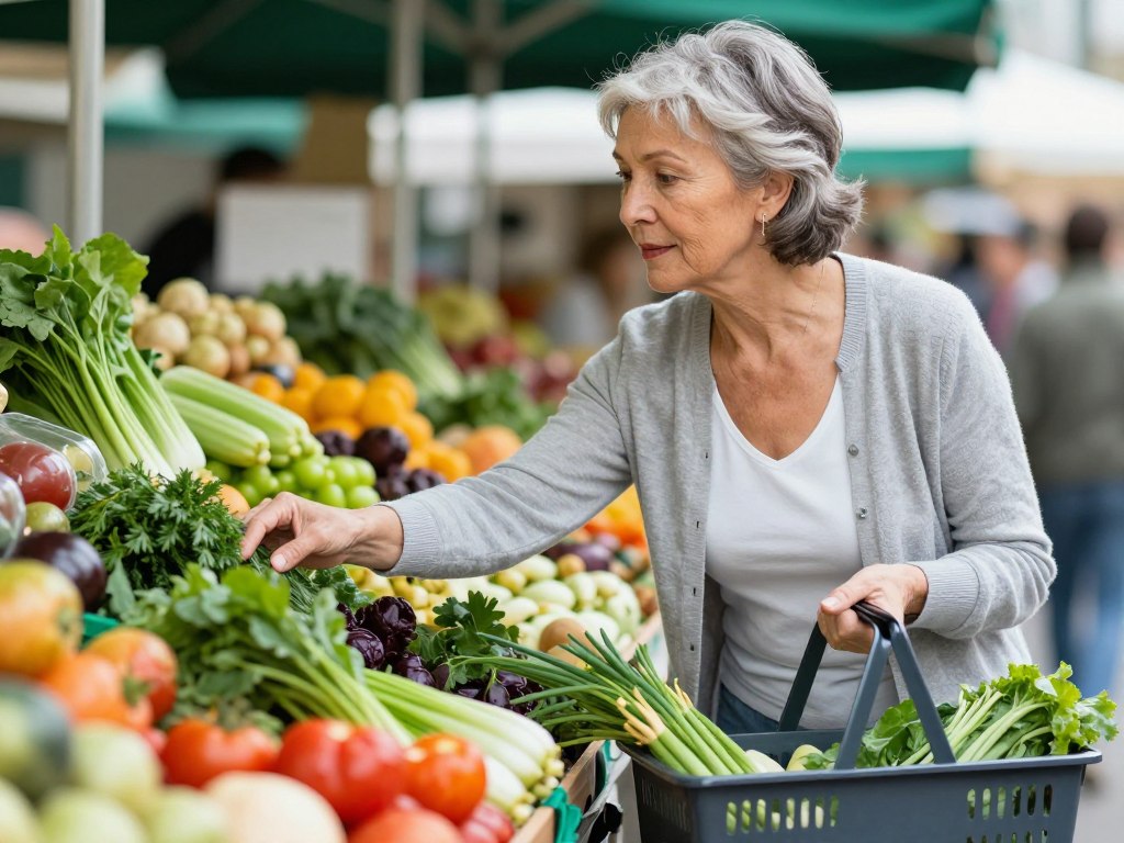 Woman over 50 shopping for fresh vegetables and healthy Mediterranean foods at farmers market