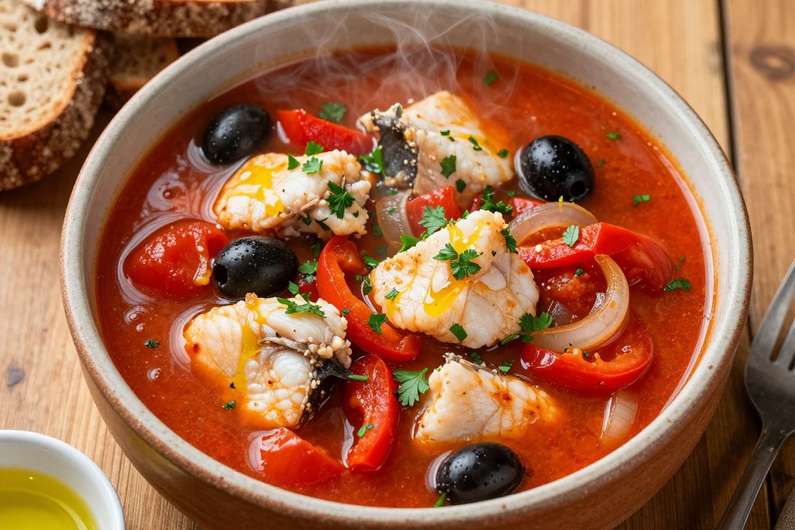 bowl of Mediterranean fish stew with vegetables and herbs