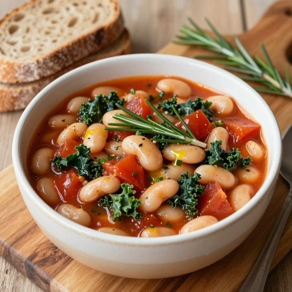 bowl of Tuscan white bean stew with vegetables and olive oil for preventing afternoon energy slumps