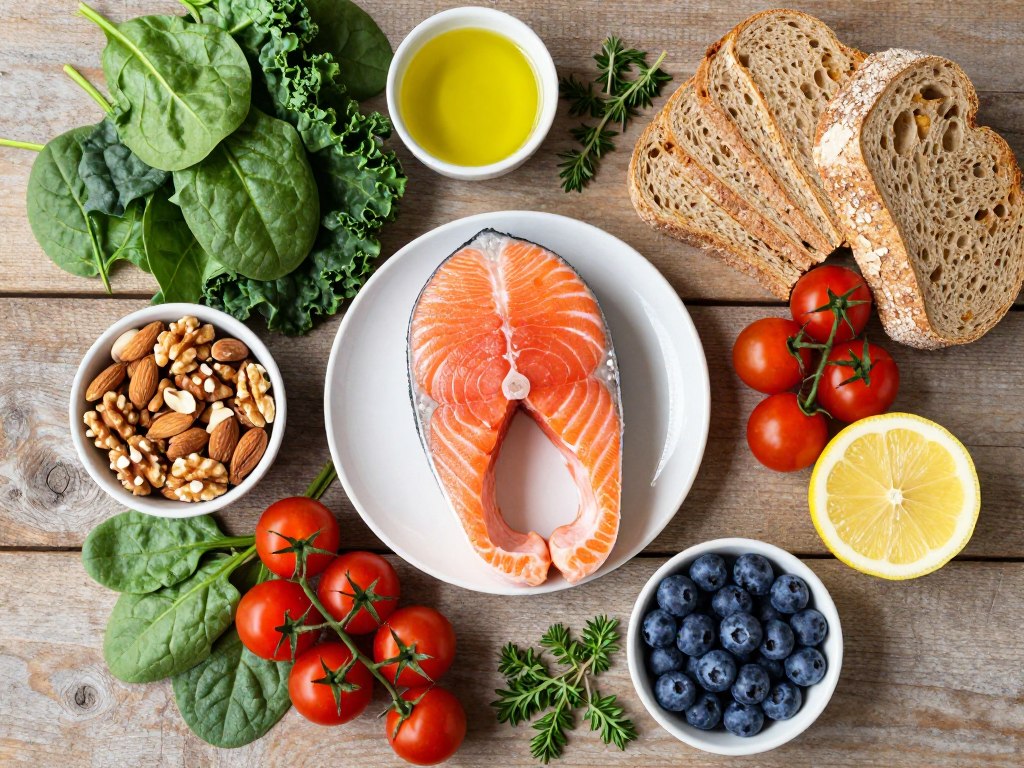 close-up of Mediterranean foods including salmon, olive oil, vegetables, and nuts arranged on a wooden table