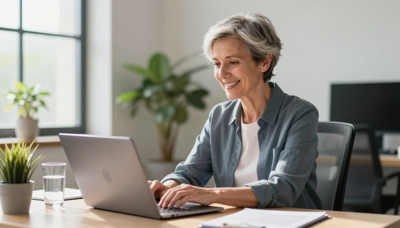 energetic healthy Caucasian professional over 50 working productively at desk in afternoon