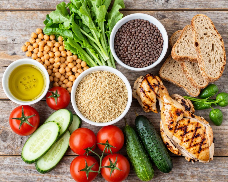 foods that prevent afternoon fatigue naturally including vegetables, legumes, and whole grains arranged on Mediterranean-style plates