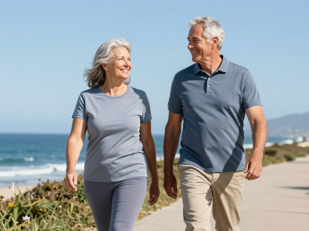 healthy Caucasian couple in their 60s walking outdoors together