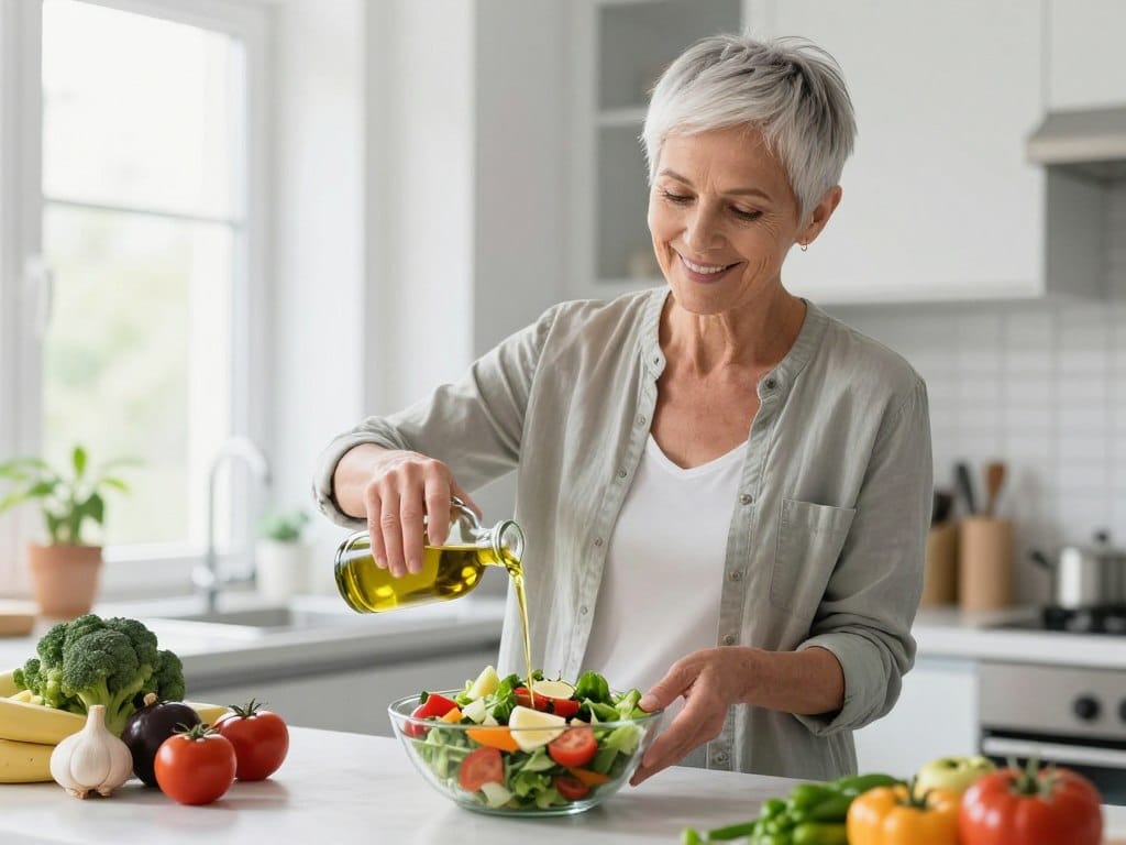 healthy Caucasian professional over 50 preparing Mediterranean lunch with olive oil and fresh vegetables