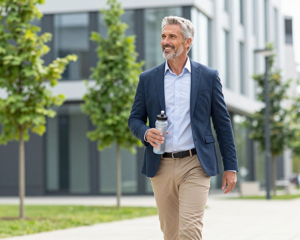 healthy Caucasian professional over 50 taking a walking break outside office building