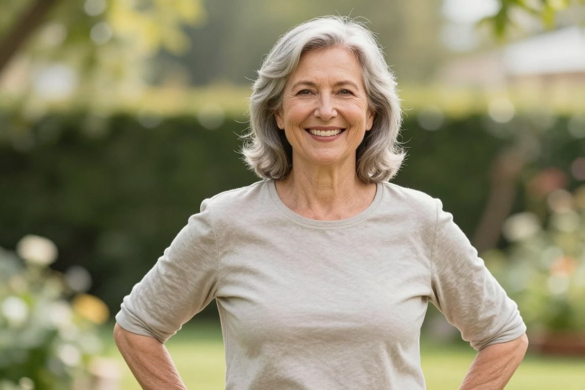 healthy Caucasian woman in her late 50s looking confident and pain-free