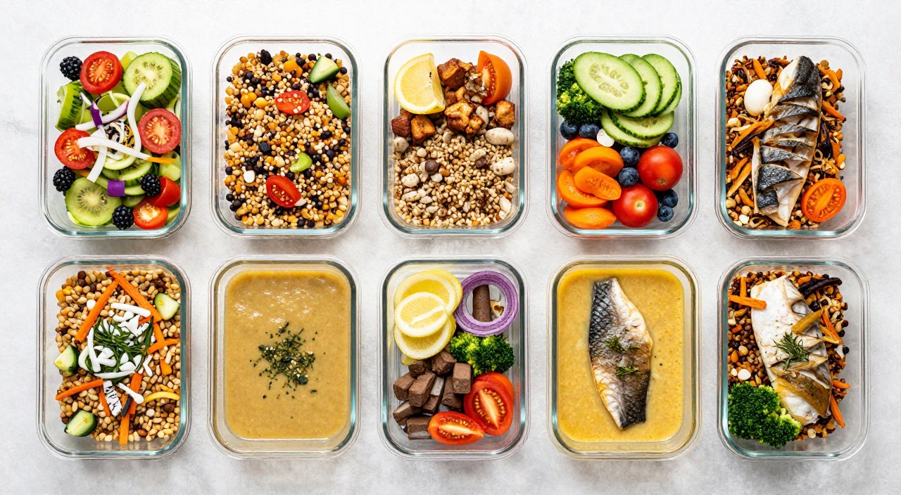 seven days of Mediterranean lunch meal prep containers with varied colorful meals