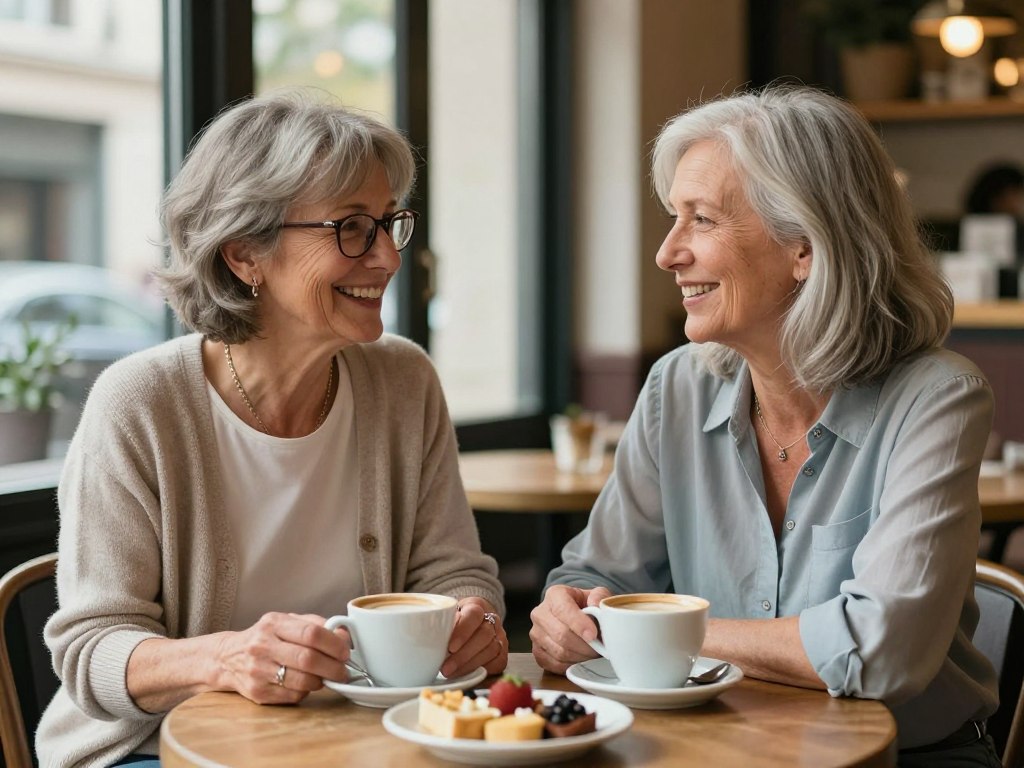 two Caucasian women in their 60s having coffee and conversation