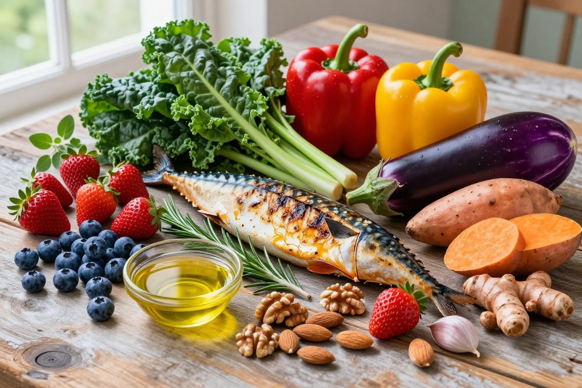 variety of colorful anti-inflammatory Mediterranean foods displayed on a rustic table