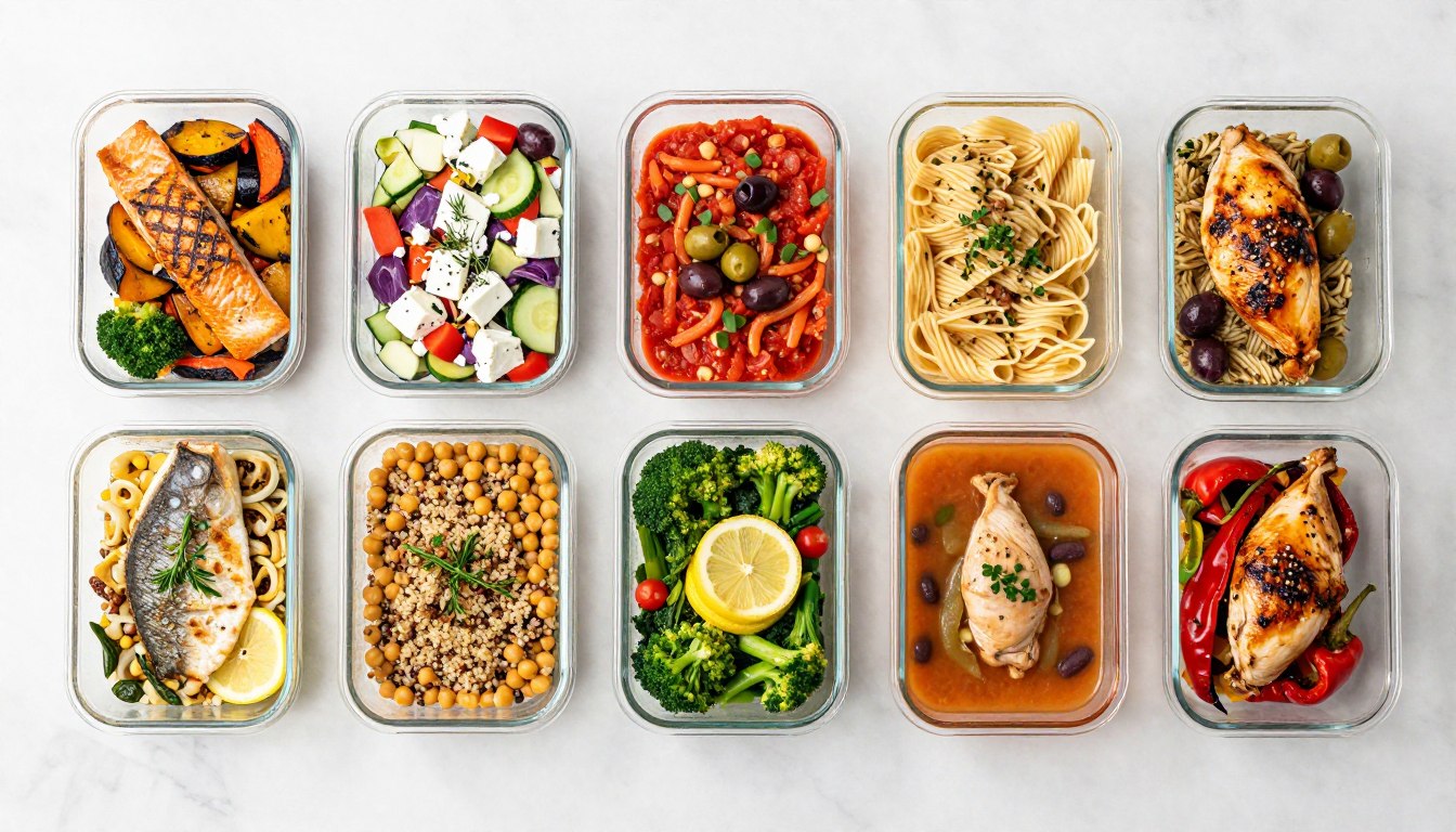 week's worth of Mediterranean meals displayed in meal prep containers
