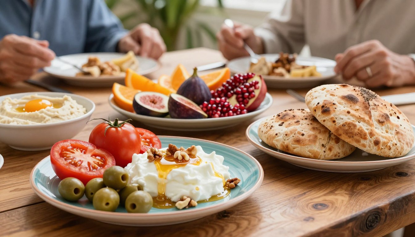 A beautifully arranged Mediterranean breakfast table showcasing healthy dishes tailored for seniors. In the foreground, a colorful plate of ripe tomatoes, olives, and a generous serving of Greek yogurt topped with honey and nuts. Freshly baked whole grain pita bread and a small bowl of hummus add texture. In the middle, a vibrant fruit platter of figs, oranges, and pomegranate scattered around, all under soft morning light that highlights their freshness. A rustic wooden table provides a warm backdrop, complemented by soft greenery in the background, hinting at the Mediterranean landscape. The atmosphere is inviting and wholesome, suggesting comfort and nourishment for a fulfilling breakfast experience among realistic healthy adults aged 50+.