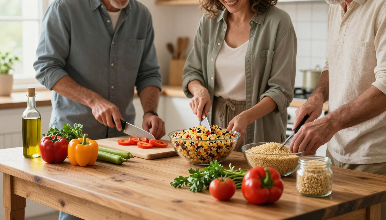 A beautifully arranged Mediterranean comfort-food meal prep scene, showcasing realistic healthy adults aged 50 and above, joyfully preparing meals in a bright, inviting kitchen. In the foreground, a rustic wooden table is filled with vibrant ingredients like tomatoes, bell peppers, olive oil, fresh herbs, and whole grains. In the middle, an adult is chopping vegetables while another stirs a colorful grain bowl, all wearing modest, casual clothing. The background features soft, natural lighting filtering through a window, illuminating the space and creating a warm, homey atmosphere. The image captures the essence of simple, healthy substitutions with a focus on Mediterranean flavors, inviting viewers to embrace the joy of cooking. A beautifully arranged Mediterranean comfort-food meal prep scene, showcasing realistic healthy adults aged 50 and above, joyfully preparing meals in a bright, inviting kitchen. In the foreground, a rustic wooden table is filled with vibrant ingredients like tomatoes, bell peppers, olive oil, fresh herbs, and whole grains. In the middle, an adult is chopping vegetables while another stirs a colorful grain bowl, all wearing modest, casual clothing. The background features soft, natural lighting filtering through a window, illuminating the space and creating a warm, homey atmosphere. The image captures the essence of simple, healthy substitutions with a focus on Mediterranean flavors, inviting viewers to embrace the joy of cooking.