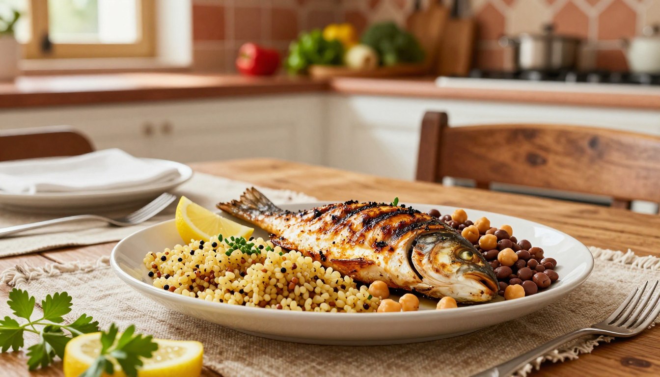 A beautifully arranged Mediterranean comfort-food recipe featuring a colorful plate of grilled fish, served alongside vibrant whole grains like quinoa and brown rice, and a hearty mix of legumes such as chickpeas and lentils. In the foreground, display fresh herbs and lemon slices as garnishes to emphasize flavors. The mid-ground includes a rustic wooden table setting, with elegant utensils and a handwoven tablecloth, adding warmth to the scene. In the background, a sunlit kitchen with terracotta tiles and fresh vegetables offers a cozy atmosphere. The lighting is soft and inviting, evoking a sense of comfort and nourishment, capturing the essence of Mediterranean cooking suitable for adults aged 50 and over. The image should be realistic and appetizing, with no text or overlays. A beautifully arranged Mediterranean comfort-food recipe featuring a colorful plate of grilled fish, served alongside vibrant whole grains like quinoa and brown rice, and a hearty mix of legumes such as chickpeas and lentils. In the foreground, display fresh herbs and lemon slices as garnishes to emphasize flavors. The mid-ground includes a rustic wooden table setting, with elegant utensils and a handwoven tablecloth, adding warmth to the scene. In the background, a sunlit kitchen with terracotta tiles and fresh vegetables offers a cozy atmosphere. The lighting is soft and inviting, evoking a sense of comfort and nourishment, capturing the essence of Mediterranean cooking suitable for adults aged 50 and over. The image should be realistic and appetizing, with no text or overlays.
