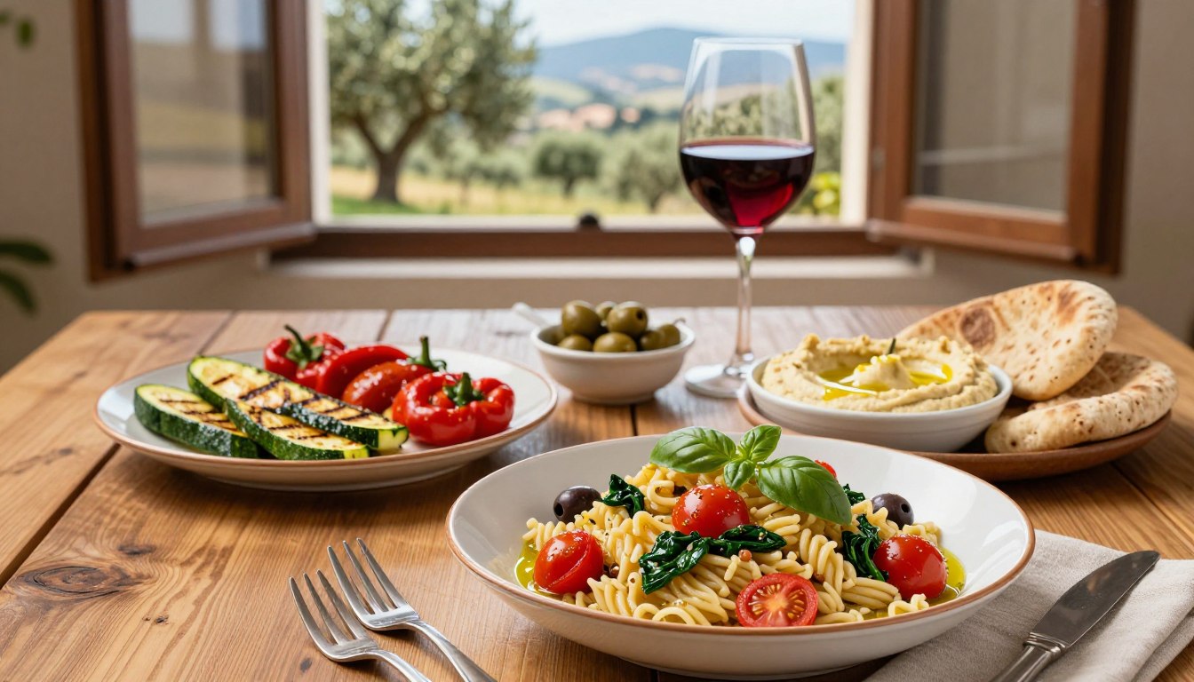 A beautifully arranged Mediterranean comfort-food recipe spread across a rustic wooden table. In the foreground, a vibrant bowl of whole grain pasta tossed with cherry tomatoes, spinach, olives, and a drizzle of olive oil, garnished with fresh basil. Next to it, a plate of grilled vegetables, like zucchini and bell peppers, and a bowl of hummus surrounded by whole grain pita. In the middle ground, a glass of red wine and a small dish of olives add a warm touch. Soft, natural lighting from a nearby window highlights the colors and textures, creating a cozy and inviting atmosphere. In the background, a picturesque Mediterranean landscape through an open window, with olive trees and soft hills, enhances the setting. The overall mood is warm, healthy, and comforting. A beautifully arranged Mediterranean comfort-food recipe spread across a rustic wooden table. In the foreground, a vibrant bowl of whole grain pasta tossed with cherry tomatoes, spinach, olives, and a drizzle of olive oil, garnished with fresh basil. Next to it, a plate of grilled vegetables, like zucchini and bell peppers, and a bowl of hummus surrounded by whole grain pita. In the middle ground, a glass of red wine and a small dish of olives add a warm touch. Soft, natural lighting from a nearby window highlights the colors and textures, creating a cozy and inviting atmosphere. In the background, a picturesque Mediterranean landscape through an open window, with olive trees and soft hills, enhances the setting. The overall mood is warm, healthy, and comforting.