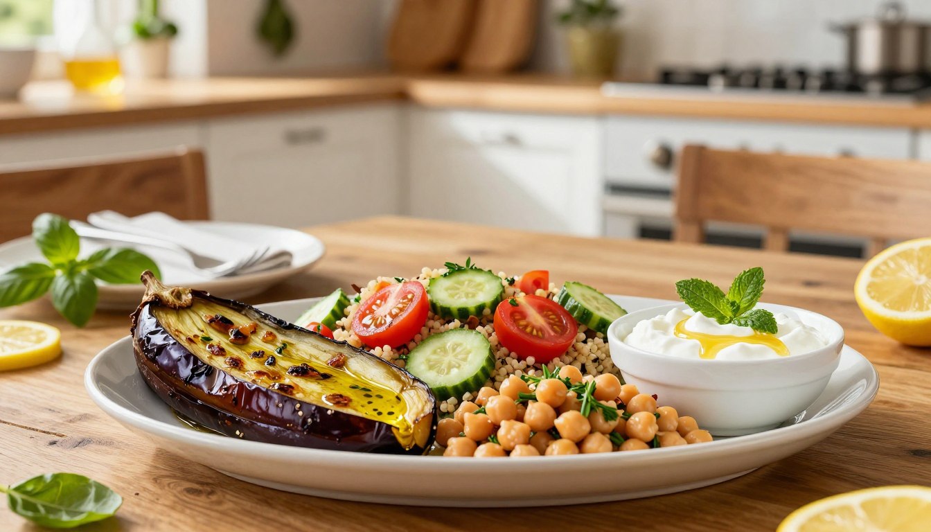 A beautifully arranged Mediterranean comfort food scene featuring a colorful platter of healthy dishes. In the foreground, showcase vibrant dishes like roasted eggplant drizzled with olive oil, quinoa salad with cherry tomatoes and cucumber, and a light chickpea stew with fresh herbs. Include a bowl of Greek yogurt with a drizzle of honey and a sprig of mint for contrast. In the middle ground, a rustic wooden table set with simple tableware, adorned with fresh basil and lemon slices, enhances the homely feel. The background reveals a sunlit kitchen with warm wood accents and hanging herbs, evoking a sense of comfort and health. Soft, natural lighting enhances the warmth and inviting atmosphere, focusing on the textures and colors of the food. Ensure the image is devoid of any text.