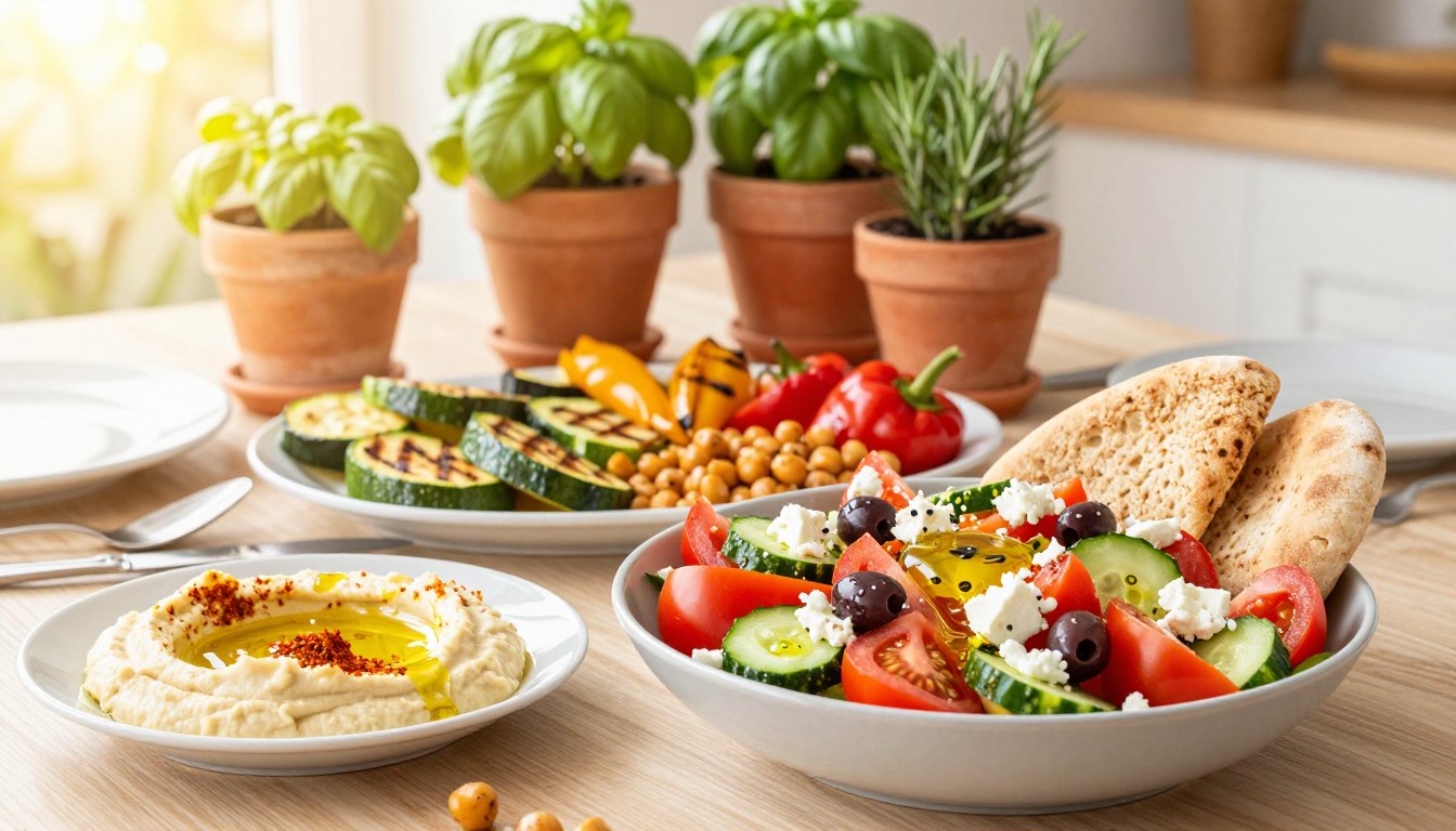 A beautifully arranged Mediterranean dining table featuring an array of vibrant, heart-healthy dishes. In the foreground, a large colorful salad with fresh tomatoes, cucumbers, olives, and crumbled feta cheese sits in an elegant bowl, drizzled with olive oil. Alongside, there are whole grain pita breads and hummus garnished with paprika. In the middle ground, a platter of grilled vegetables, like zucchini and bell peppers, showcases their flavors, while roasted chickpeas add a crunchy texture. The background features terracotta pots with lush herbs like basil and rosemary, and soft, natural sunlight pours in, creating a warm and inviting ambiance. Capture this scene with a shallow depth of field and a soft lens flare effect to evoke comfort and joy in a Mediterranean-style culinary setting.