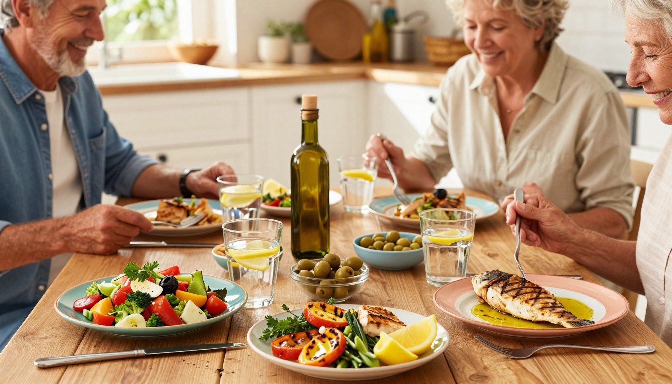 A beautifully arranged Mediterranean dining table featuring two healthy adults aged 50+, enjoying simple dishes that reflect the Mediterranean diet. In the foreground, a rustic wooden table is adorned with colorful plates of vibrant salads, grilled vegetables, and lean proteins like grilled fish or chicken drizzled with olive oil. Fresh herbs and lemon wedges add a pop of color. In the middle, a bottle of olive oil and a small bowl of olives complement the meal, surrounded by glasses of water with lemon slices. The background showcases a sunlit kitchen with warm, inviting tones and Mediterranean decor, creating a relaxed atmosphere. Soft, natural lighting enhances the freshness of the food, with a focus on creating an inviting and wholesome dining experience.