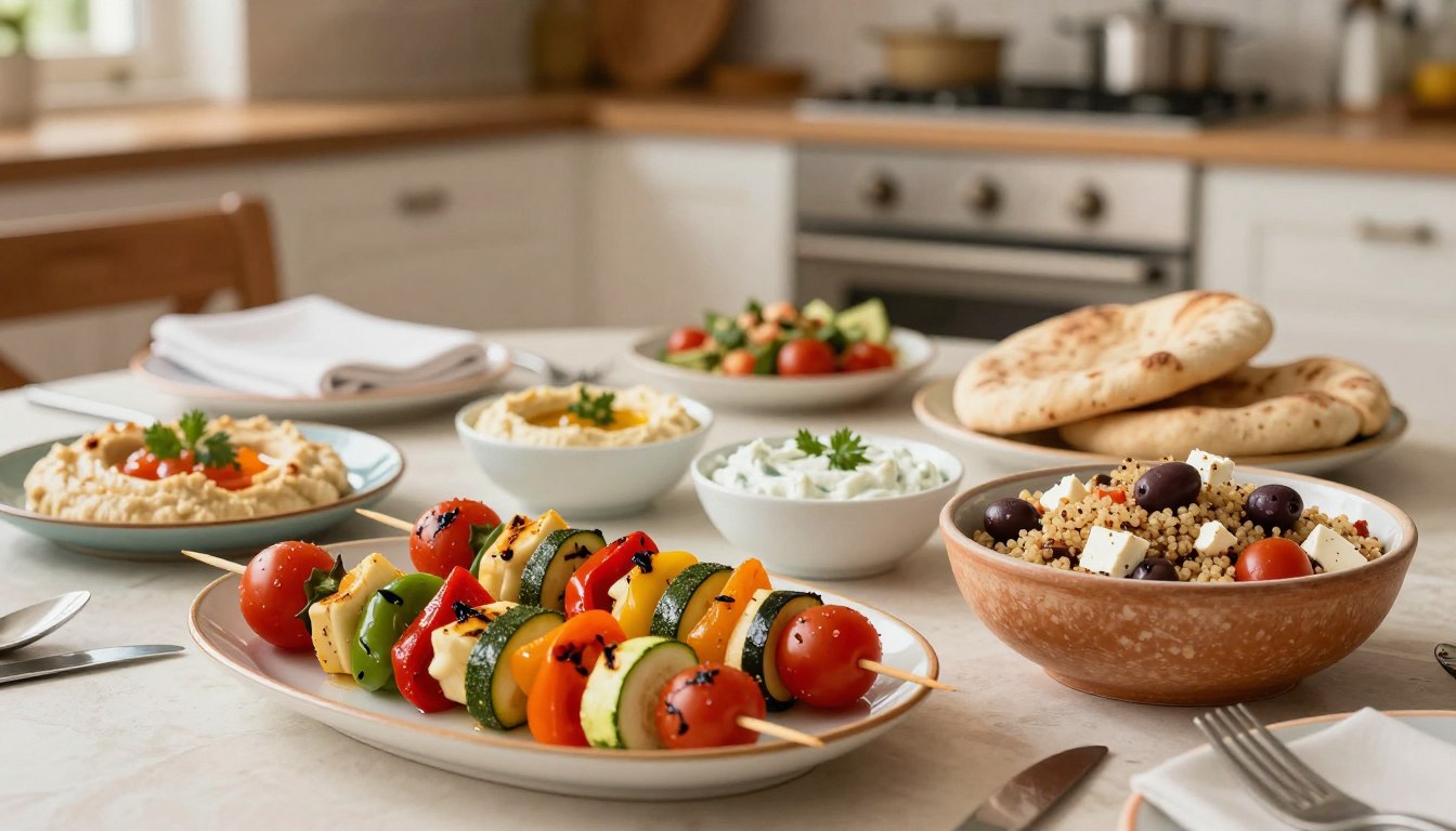 A beautifully arranged Mediterranean dinner spread featuring a variety of healthy dishes. In the foreground, a colorful platter of grilled vegetable skewers, arranged with vibrant bell peppers, zucchini, and cherry tomatoes. Beside it, a rustic bowl of quinoa salad with olives, cherry tomatoes, and feta cheese. In the middle ground, a table set with elegant dinnerware, showcasing small plates of hummus and tzatziki with freshly baked pita bread. The background has a soft-focus view of a Mediterranean-style kitchen, with warm, inviting lighting that creates a cozy atmosphere. The scene is captured from a slightly elevated angle, emphasizing the abundance and freshness of the meal, evoking comfort and simplicity in Mediterranean cooking for healthy adults over 50.