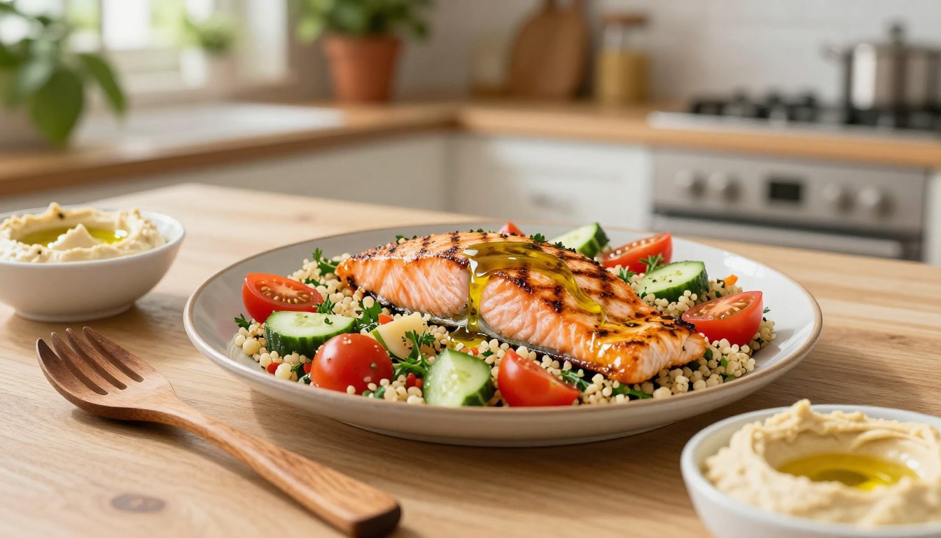 A beautifully arranged Mediterranean dish featuring a vibrant platter of grilled salmon topped with a drizzle of olive oil, surrounded by a colorful medley of quinoa salad, including cherry tomatoes, cucumbers, and fresh herbs. In the foreground, add a rustic wooden fork and spoon resting beside a small bowl of hummus, showcasing healthy fats and fiber-rich ingredients. The middle ground features a warm, inviting table setting under soft, natural lighting, with a blurred background of a sunlit kitchen filled with potted herbs. Capture a cozy atmosphere that conveys comfort and health, emphasizing the appeal of Mediterranean cuisine for wellness and satiety. The perspective should be slightly overhead, showcasing the dish beautifully.