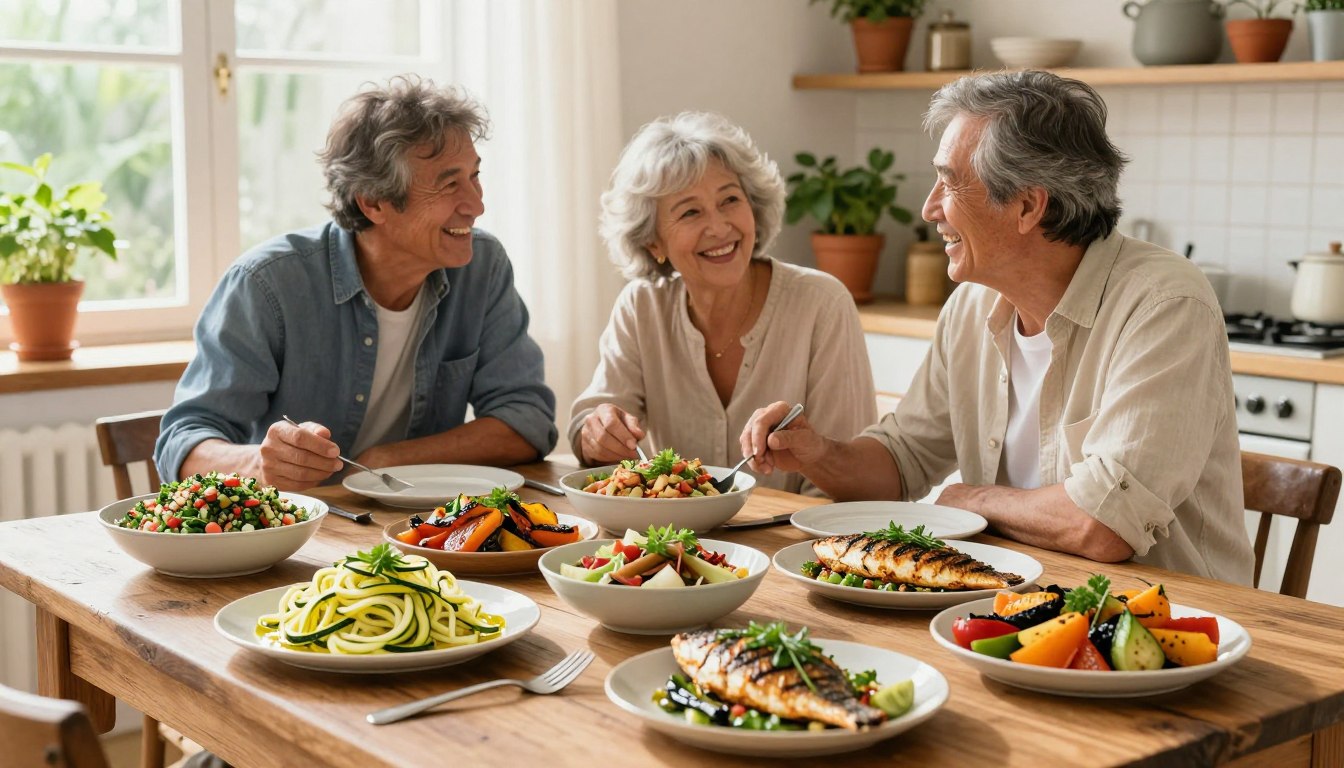 A beautifully arranged Mediterranean feast spreads across a rustic wooden table in a sunlit, airy kitchen. In the foreground, a variety of healthy Mediterranean food swaps showcase vibrant colors: a platter of zucchini noodles drizzled with olive oil, a bowl of fresh tabbouleh, grilled fish garnished with herbs, and colorful roasted vegetables. In the middle ground, two real, healthy adults aged 50+, dressed in modest casual clothing, joyfully examine the dishes while engaging in conversation, exuding a relaxed and happy atmosphere. In the background, soft natural light filters through sheer curtains, illuminating potted herbs and decorative pottery on the shelves, evoking a warm and inviting Mediterranean vibe. The overall mood is light, uplifting, and focused on healthy eating. A beautifully arranged Mediterranean feast spreads across a rustic wooden table in a sunlit, airy kitchen. In the foreground, a variety of healthy Mediterranean food swaps showcase vibrant colors: a platter of zucchini noodles drizzled with olive oil, a bowl of fresh tabbouleh, grilled fish garnished with herbs, and colorful roasted vegetables. In the middle ground, two real, healthy adults aged 50+, dressed in modest casual clothing, joyfully examine the dishes while engaging in conversation, exuding a relaxed and happy atmosphere. In the background, soft natural light filters through sheer curtains, illuminating potted herbs and decorative pottery on the shelves, evoking a warm and inviting Mediterranean vibe. The overall mood is light, uplifting, and focused on healthy eating.