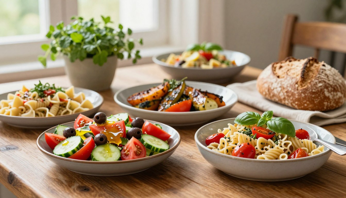 A beautifully arranged Mediterranean-inspired meal spread across a rustic wooden table. In the foreground, there are vibrant dishes featuring low-salt versions of classic recipes: a colorful Greek salad with tomatoes, cucumbers, and olives, drizzled with olive oil and lemon juice; roasted vegetables seasoned with herbs; a bowl of whole grain pasta with cherry tomatoes and fresh basil. In the background, soft lighting filters through a window, creating a warm and inviting atmosphere. Natural elements like potted herbs and a loaf of whole grain bread enhance the rustic charm. Capture the essence of a healthy lifestyle for adults over 50, showcasing comfort food that promotes well-being, without any text or distractions present in the image.