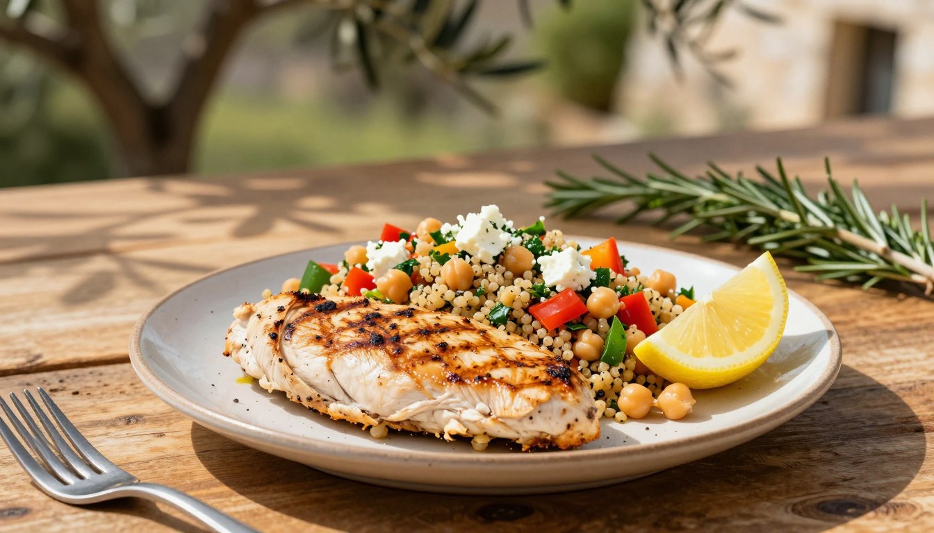 A beautifully arranged Mediterranean meal featuring a protein-rich grilled chicken breast served alongside a vibrant quinoa salad, filled with colorful diced bell peppers, fresh herbs, and chickpeas. In the foreground, the plate is garnished with a sprinkle of feta cheese and a wedge of lemon, enhancing the freshness. In the middle ground, a rustic wooden table complements the warm colors of the food. A soft-focus background reveals hints of Mediterranean greenery, such as olive trees and rosemary sprigs, bathed in natural sunlight that casts gentle shadows, creating a relaxed atmosphere. The scene captures a sense of wholesome comfort, perfect for promoting healthy eating habits.