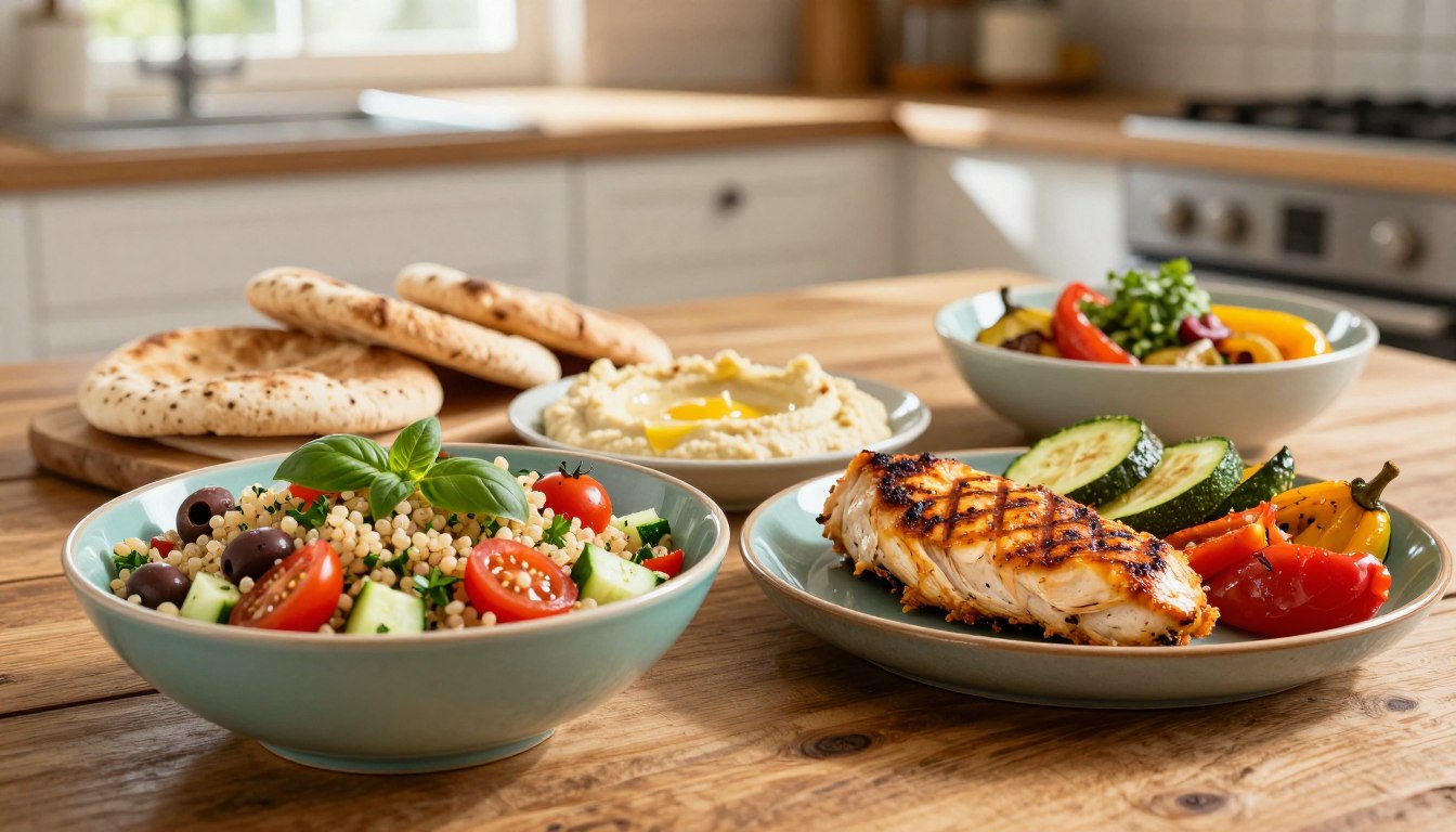 A beautifully arranged Mediterranean meal featuring a variety of healthy dishes on a rustic wooden table. In the foreground, a colorful bowl of quinoa salad mixed with cherry tomatoes, cucumbers, and olives, garnished with fresh herbs such as parsley and basil. Next to it, a grilled chicken breast with a golden, crispy skin, accompanied by roasted vegetables like zucchini and bell peppers. In the middle, a platter of whole-grain pita bread and creamy hummus, all with vibrant colors and textures. The background showcases a sun-drenched kitchen with light streaming through a window, casting soft shadows, creating a warm and inviting atmosphere. This scene reflects the joy of healthy eating, emphasizing hunger-satisfying protein and fiber-rich ingredients, ideal for health-conscious adults over 50 looking to maintain fullness and vitality.