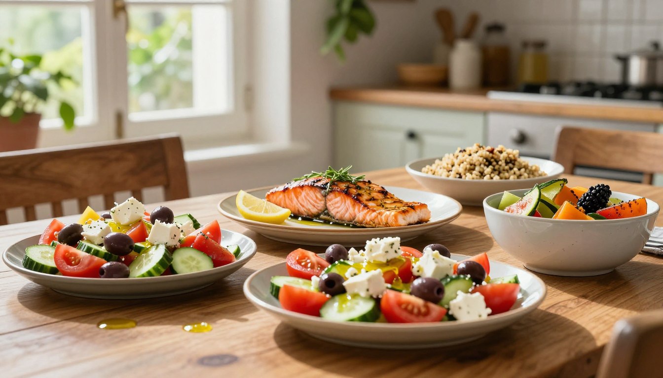 A beautifully arranged Mediterranean meal featuring vibrant colors and fresh ingredients. In the foreground, a wooden table is laden with a variety of dishes: a colorful Greek salad with ripe tomatoes, crisp cucumbers, olives, and feta cheese drizzled with olive oil. In the middle ground, a plate of grilled salmon garnished with lemon and herbs sits alongside a bowl of quinoa and roasted vegetables. Soft natural lighting filters through a nearby window, casting gentle shadows that enhance the textures of the food. In the background, a rustic kitchen scene with herbs hanging and soft green plants peeking through the window adds warmth. The atmosphere is inviting and healthy, embodying the essence of Mediterranean dining, promoting wellness and disease prevention for adults over 50. A beautifully arranged Mediterranean meal featuring vibrant colors and fresh ingredients. In the foreground, a wooden table is laden with a variety of dishes: a colorful Greek salad with ripe tomatoes, crisp cucumbers, olives, and feta cheese drizzled with olive oil. In the middle ground, a plate of grilled salmon garnished with lemon and herbs sits alongside a bowl of quinoa and roasted vegetables. Soft natural lighting filters through a nearby window, casting gentle shadows that enhance the textures of the food. In the background, a rustic kitchen scene with herbs hanging and soft green plants peeking through the window adds warmth. The atmosphere is inviting and healthy, embodying the essence of Mediterranean dining, promoting wellness and disease prevention for adults over 50.