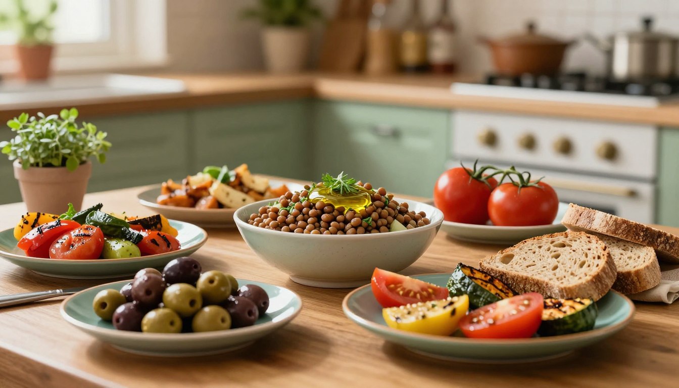 A beautifully arranged Mediterranean meal, featuring vibrant dishes that promote anti-inflammatory eating. In the foreground, a wooden table adorned with colorful plates of olives, fresh tomatoes, grilled vegetables, and a serving of whole grain bread. In the middle, a bowl of rich lentil salad drizzled with olive oil and sprinkled with herbs. In the background, soft-focus elements include a lush, green kitchen with warm natural lighting casting a cozy glow. An inviting atmosphere, with subtle hints of Mediterranean decor like small potted herbs and rustic utensils, creates a sense of healthy living. The scene captures the essence of simple, wholesome meals fit for adults over 50, highlighting the importance of diet in managing inflammation without any text or distractions. A beautifully arranged Mediterranean meal, featuring vibrant dishes that promote anti-inflammatory eating. In the foreground, a wooden table adorned with colorful plates of olives, fresh tomatoes, grilled vegetables, and a serving of whole grain bread. In the middle, a bowl of rich lentil salad drizzled with olive oil and sprinkled with herbs. In the background, soft-focus elements include a lush, green kitchen with warm natural lighting casting a cozy glow. An inviting atmosphere, with subtle hints of Mediterranean decor like small potted herbs and rustic utensils, creates a sense of healthy living. The scene captures the essence of simple, wholesome meals fit for adults over 50, highlighting the importance of diet in managing inflammation without any text or distractions.