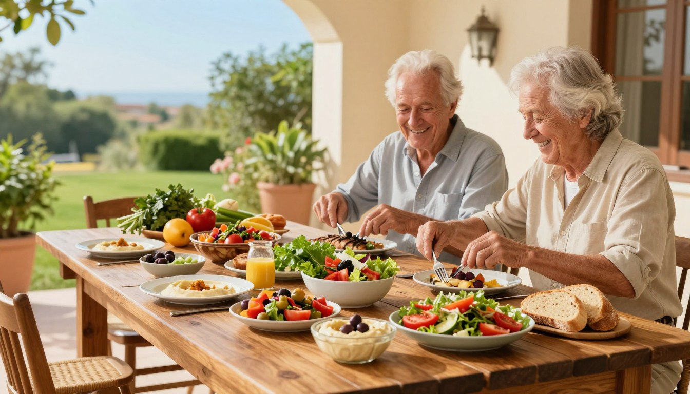 A beautifully arranged Mediterranean meal for healthy seniors, showcasing vibrant colors and ingredients. In the foreground, a long, rustic wooden table is laden with a variety of dishes including colorful salads with leafy greens, ripe tomatoes, olives, whole grain bread, grilled fish, and bowls of hummus. A couple of realistic, healthy adults aged 50+, dressed in modest casual clothing, are happily preparing and enjoying the meal together, conveying a sense of community and joy. In the middle ground, fresh herbs and fruits are artfully scattered around the dining area, emphasizing the freshness of the Mediterranean diet. The background features a sunny outdoor patio with soft, warm lighting, lush green plants, and a clear blue sky, creating an inviting and cheerful atmosphere that highlights healthy aging through nutrition. A beautifully arranged Mediterranean meal for healthy seniors, showcasing vibrant colors and ingredients. In the foreground, a long, rustic wooden table is laden with a variety of dishes including colorful salads with leafy greens, ripe tomatoes, olives, whole grain bread, grilled fish, and bowls of hummus. A couple of realistic, healthy adults aged 50+, dressed in modest casual clothing, are happily preparing and enjoying the meal together, conveying a sense of community and joy. In the middle ground, fresh herbs and fruits are artfully scattered around the dining area, emphasizing the freshness of the Mediterranean diet. The background features a sunny outdoor patio with soft, warm lighting, lush green plants, and a clear blue sky, creating an inviting and cheerful atmosphere that highlights healthy aging through nutrition.