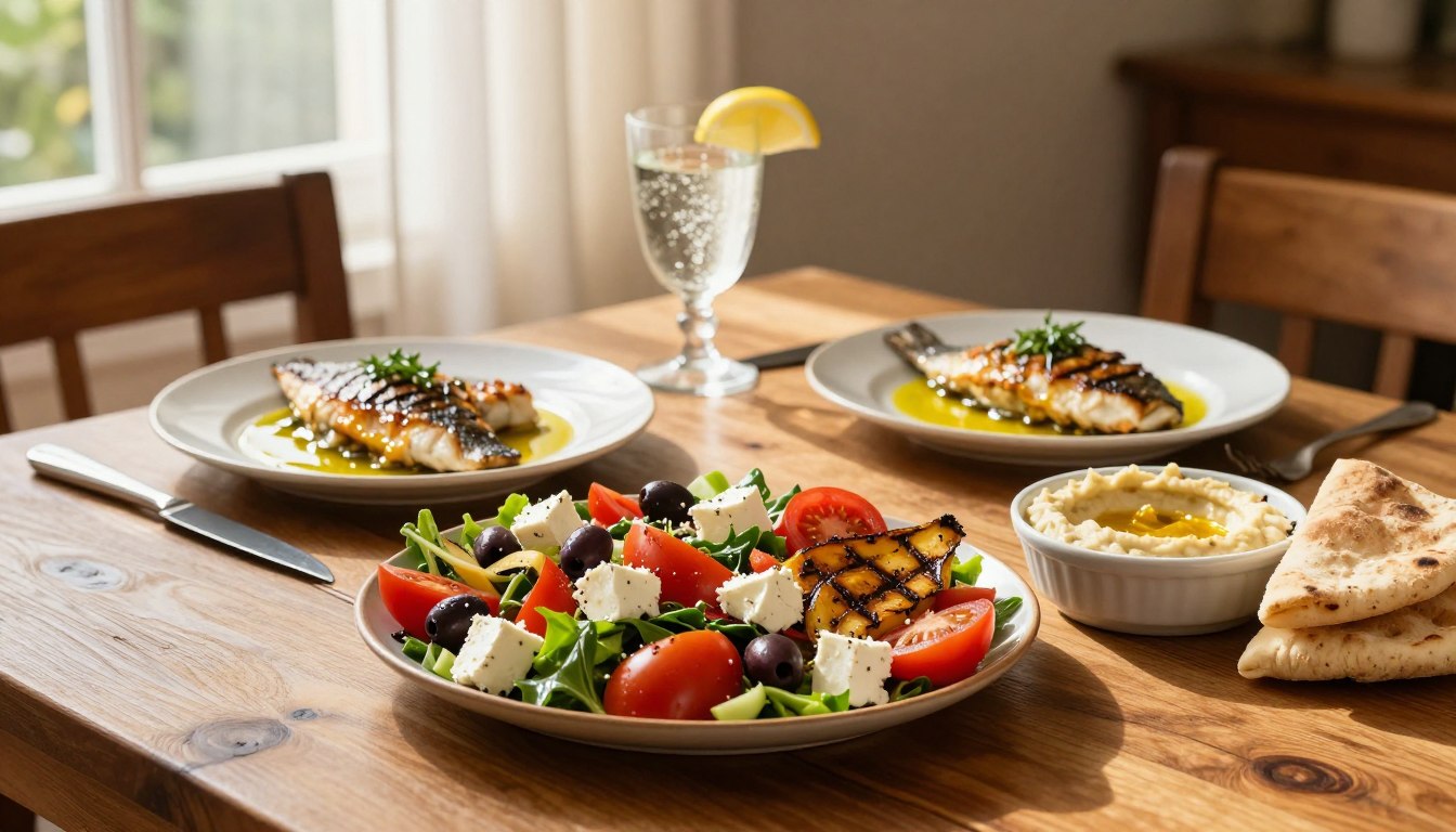 A beautifully arranged Mediterranean meal for two on a rustic wooden table. In the foreground, a vibrant platter showcases grilled vegetables, a colorful Greek salad with olives, feta cheese, and ripe tomatoes, and a bowl of hummus with pita bread. The middle ground features two elegant dinner plates, each with a serving of grilled fish drizzled with olive oil and herbs. A glass of sparkling water with lemon slices rests nearby. In the background, soft afternoon sunlight filters through an open window with sheer curtains, casting a warm glow on the scene. The atmosphere is cozy and inviting, perfect for a leisurely dining experience. Capture the image from a slightly elevated angle to enhance the arrangement while maintaining a sharp focus on the details of the food.