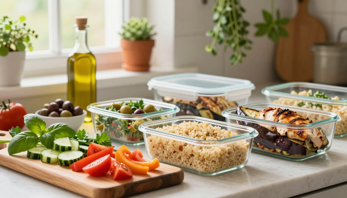 A beautifully arranged Mediterranean meal prep scene featuring a variety of vibrant, healthy ingredients. In the foreground, a wooden cutting board displays colorful diced vegetables like tomatoes, cucumbers, and bell peppers, alongside fresh herbs such as basil and parsley. Next, several glass meal prep containers are neatly filled with cooked quinoa, grilled chicken, and roasted eggplant. In the middle ground, a rustic kitchen setting showcases a window with natural light streaming in, illuminating a bowl of olives and a bottle of olive oil. The background features warm, earthy tones with pot plants and hanging herbs, creating a homely and inviting atmosphere. The image has a soft focus, with bright, fresh lighting that emphasizes the healthiness of the Mediterranean diet. A beautifully arranged Mediterranean meal prep scene featuring a variety of vibrant, healthy ingredients. In the foreground, a wooden cutting board displays colorful diced vegetables like tomatoes, cucumbers, and bell peppers, alongside fresh herbs such as basil and parsley. Next, several glass meal prep containers are neatly filled with cooked quinoa, grilled chicken, and roasted eggplant. In the middle ground, a rustic kitchen setting showcases a window with natural light streaming in, illuminating a bowl of olives and a bottle of olive oil. The background features warm, earthy tones with pot plants and hanging herbs, creating a homely and inviting atmosphere. The image has a soft focus, with bright, fresh lighting that emphasizes the healthiness of the Mediterranean diet.