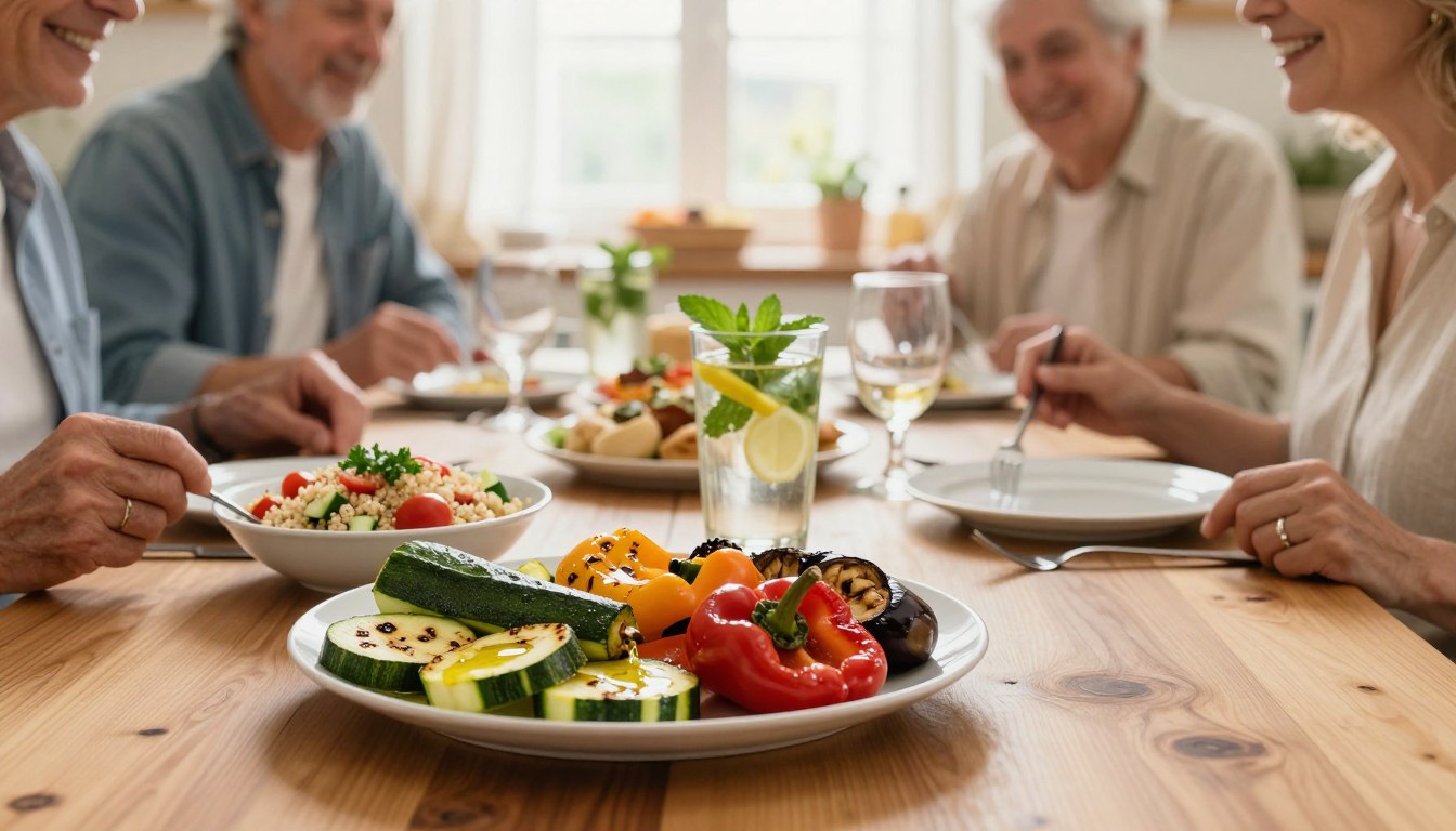 A beautifully arranged Mediterranean meal showcasing high fiber ingredients. In the foreground, an elegant, wooden dining table features a vibrant platter of roasted vegetables, including zucchini, bell peppers, and eggplants, drizzled with olive oil. Beside it, a bowl of quinoa salad mixed with cherry tomatoes, cucumbers, and parsley. In the middle ground, a delicate glass of infused water with lemon and mint adds a refreshing touch. The background captures a sunny kitchen setting, with soft light filtering through sheer curtains. The mood is warm and inviting, embodying the essence of Mediterranean comfort food. The image should feature realistic healthy adults over 50 enjoying the meal, dressed in modest casual clothing, exuding a sense of community and good health, with no text or branding visible. A beautifully arranged Mediterranean meal showcasing high fiber ingredients. In the foreground, an elegant, wooden dining table features a vibrant platter of roasted vegetables, including zucchini, bell peppers, and eggplants, drizzled with olive oil. Beside it, a bowl of quinoa salad mixed with cherry tomatoes, cucumbers, and parsley. In the middle ground, a delicate glass of infused water with lemon and mint adds a refreshing touch. The background captures a sunny kitchen setting, with soft light filtering through sheer curtains. The mood is warm and inviting, embodying the essence of Mediterranean comfort food. The image should feature realistic healthy adults over 50 enjoying the meal, dressed in modest casual clothing, exuding a sense of community and good health, with no text or branding visible.