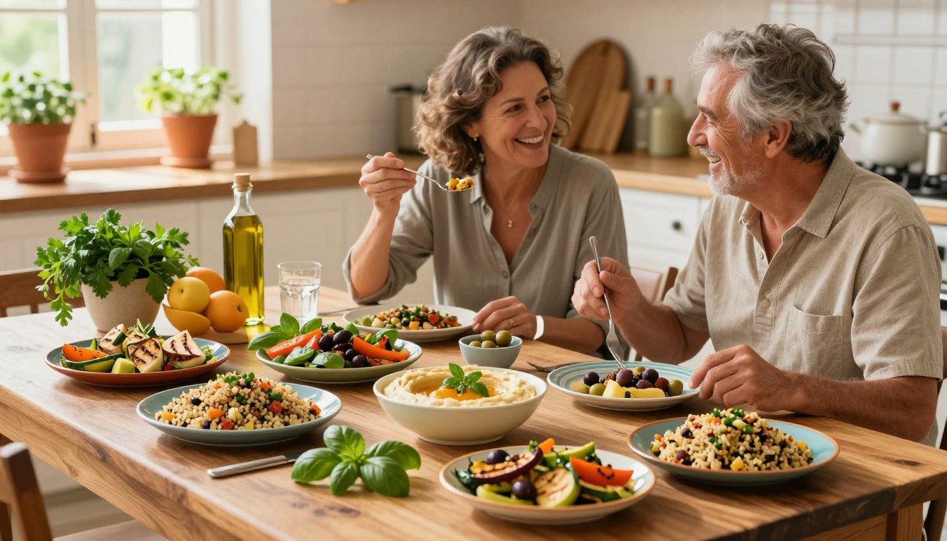 A beautifully arranged Mediterranean meal showcasing vibrant, fresh ingredients in a sunlit kitchen. In the foreground, a rustic wooden table is laden with colorful plates filled with quinoa salad, grilled vegetables, olives, and a centerpiece of a large bowl of hummus. Surrounding the meal, fragrant herbs like basil and parsley add a pop of green. In the middle, a couple of healthy adults aged 50+, dressed in casual, modest clothing, joyfully share the meal, their expressions reflecting delight and satisfaction. The background features a warm, inviting kitchen setting with fresh fruits, olive oil, and terracotta pots, evoking a cozy Mediterranean atmosphere. Soft, natural lighting enhances the scene, creating an inviting and wholesome vibe, emphasizing the theme of gut health through healthy eating.