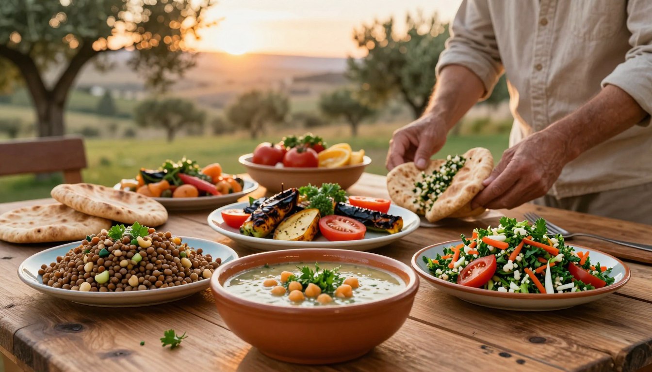 A beautifully arranged Mediterranean meal spread on a rustic wooden table, showcasing high-fiber dishes like lentil salad, whole-grain pita, roasted vegetables, and a vibrant tabbouleh with parsley and tomatoes. In the foreground, a warm, fresh bowl of chickpea soup garnished with herbs invites the viewer, while the middle consists of a variety of colorful dishes highlighting their textures and ingredients. The background features a softly blurred Mediterranean landscape with olive trees and a golden sunset, creating a warm and inviting atmosphere. The lighting is soft and natural, accentuating the freshness of the food. The scene includes two realistic healthy adults, both 50+, dressed in modest casual clothing, happily preparing food together.