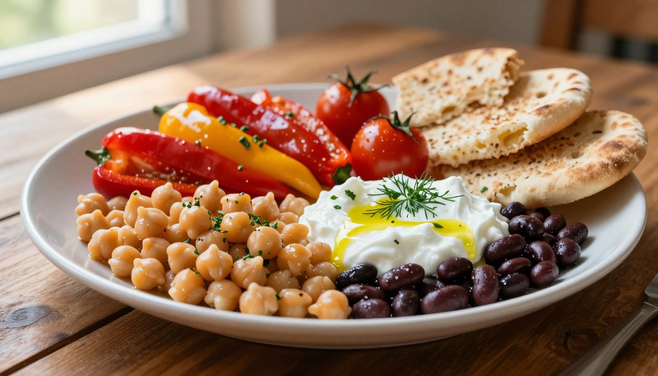 A beautifully arranged Mediterranean plate featuring a variety of protein-rich foods. In the foreground, tender chickpeas and black beans are artfully combined with creamy Greek yogurt, drizzled with extra virgin olive oil and sprinkled with fresh herbs such as parsley and dill. In the middle, vibrant vibrant bell peppers and ripe cherry tomatoes add a splash of color, while slices of whole grain pita bread rest nearby. The background showcases a rustic wooden table setting, complemented by a soft, warm sunlight filtering through a nearby window, creating an inviting atmosphere. Use a slight overhead angle to capture the details, enhancing the feeling of a cozy, homemade meal perfect for adults 50+. The scene embodies comfort and health, emphasizing the rich textures and colors of Mediterranean cuisine.