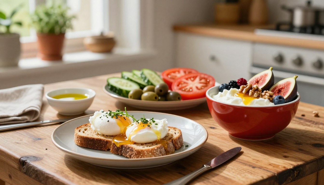 A beautifully arranged Mediterranean-style breakfast spread designed for healthy adults over 50, featuring a rustic wooden table in a sunlit kitchen setting. In the foreground, a plate holds perfectly poached eggs atop whole-grain toast, garnished with fresh herbs. Next to it, a vibrant bowl filled with Greek yogurt topped with honey, walnuts, and seasonal fruits such as figs and berries. In the middle, a colorful assortment of sliced cucumber, tomatoes, and olives adds freshness, alongside a small dish of olive oil for dipping. The background shows soft, warm lighting filtering through a window, with potted herbs and soft textiles adding a cozy ambiance. The scene conveys health, warmth, and comfort, embodying the essence of a Mediterranean breakfast.