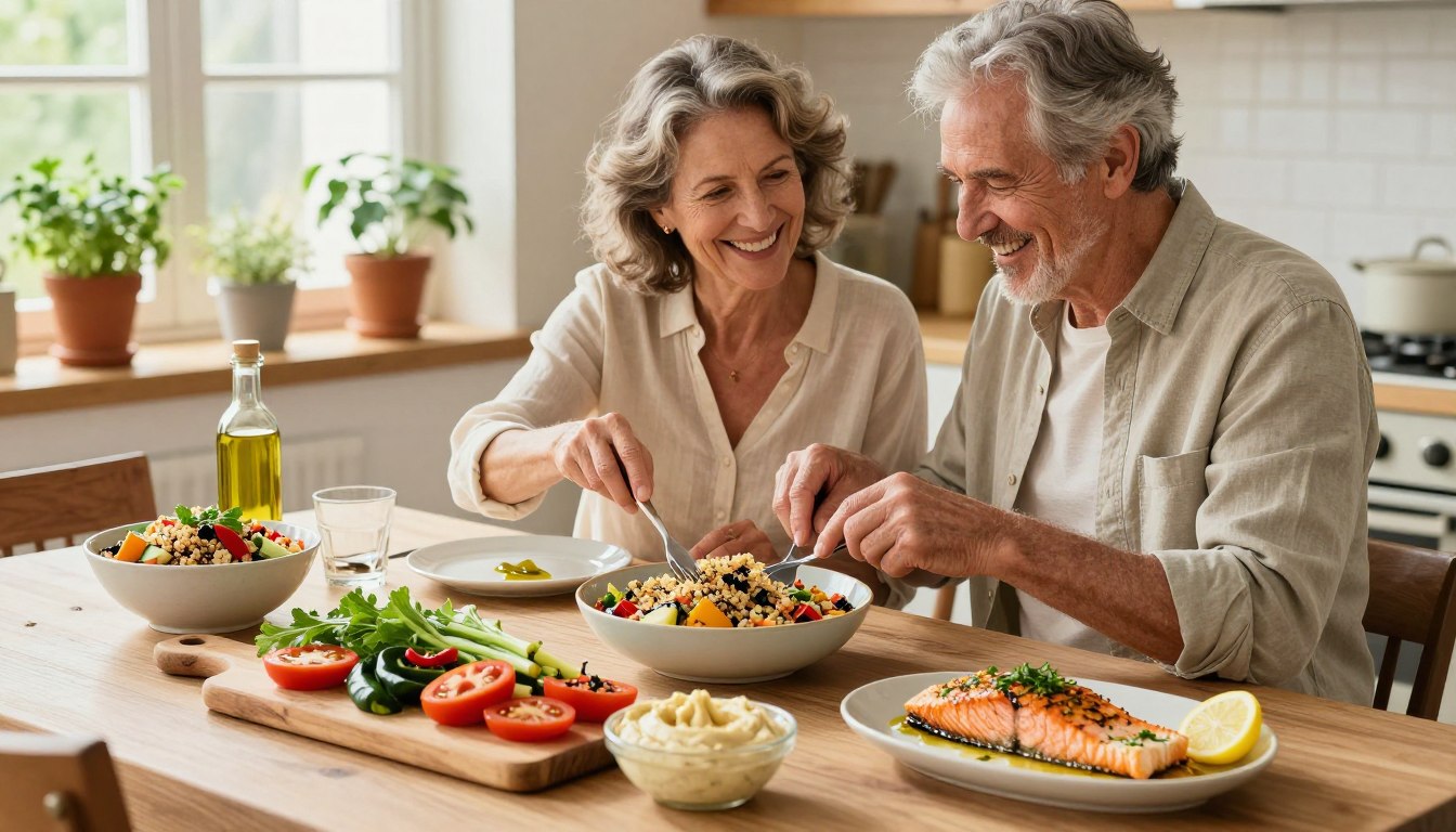 A beautifully arranged Mediterranean-style table showcasing heart-healthy recipes, featuring vibrant dishes like a colorful quinoa salad, grilled vegetables drizzled with olive oil, and a serving of baked salmon garnished with lemon and herbs. In the foreground, a rustic wooden cutting board displays freshly chopped vegetables and a small bowl of hummus. In the middle, a cheerful couple aged 50+, dressed in modest casual clothing, joyfully preparing the meals together, their expressions radiating happiness and connection. The background features a sunlit kitchen with pots of herbs on the windowsill, casting gentle, warm lighting throughout the scene, creating a cozy and inviting atmosphere. The overall mood should convey a sense of comfort, health, and togetherness, emphasizing the joy of cooking heart-healthy meals. A beautifully arranged Mediterranean-style table showcasing heart-healthy recipes, featuring vibrant dishes like a colorful quinoa salad, grilled vegetables drizzled with olive oil, and a serving of baked salmon garnished with lemon and herbs. In the foreground, a rustic wooden cutting board displays freshly chopped vegetables and a small bowl of hummus. In the middle, a cheerful couple aged 50+, dressed in modest casual clothing, joyfully preparing the meals together, their expressions radiating happiness and connection. The background features a sunlit kitchen with pots of herbs on the windowsill, casting gentle, warm lighting throughout the scene, creating a cozy and inviting atmosphere. The overall mood should convey a sense of comfort, health, and togetherness, emphasizing the joy of cooking heart-healthy meals.