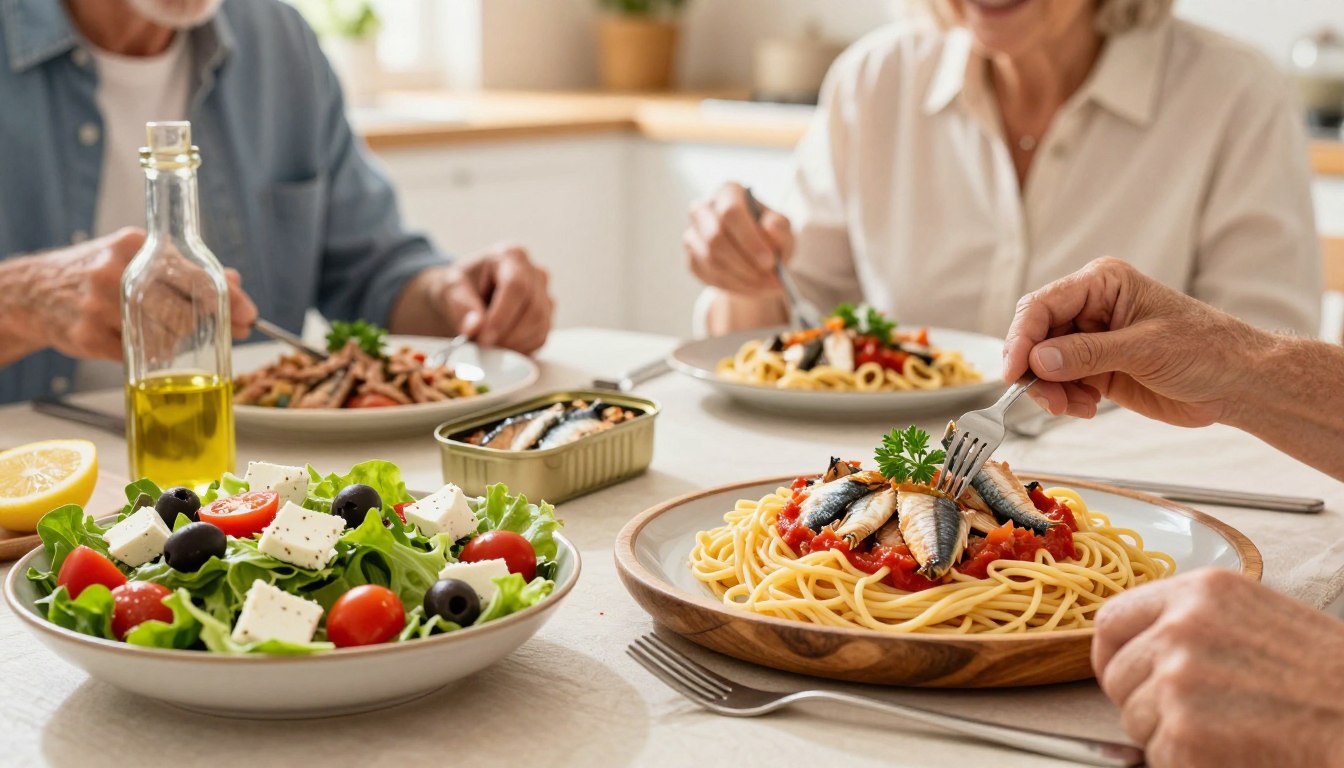 A beautifully arranged Mediterranean table scene featuring healthy meals made with canned fish, specifically tuna and sardines. In the foreground, a vibrant salad with mixed greens, cherry tomatoes, olives, and feta cheese dressed with olive oil and lemon juice. On a rustic wooden plate, a warm serving of whole grain pasta with a light tomato sauce and canned sardines garnished with fresh parsley. In the background, a subtle setting with a soft-focus view of a sunlit kitchen, enhancing the warm and inviting atmosphere. The lighting is bright and natural, emulating a sunny afternoon, with soft shadows creating depth. Emphasize realistic adults aged 50+ dressed in modest casual clothing, happily preparing or enjoying their meals together, radiating a sense of health and contentment. A beautifully arranged Mediterranean table scene featuring healthy meals made with canned fish, specifically tuna and sardines. In the foreground, a vibrant salad with mixed greens, cherry tomatoes, olives, and feta cheese dressed with olive oil and lemon juice. On a rustic wooden plate, a warm serving of whole grain pasta with a light tomato sauce and canned sardines garnished with fresh parsley. In the background, a subtle setting with a soft-focus view of a sunlit kitchen, enhancing the warm and inviting atmosphere. The lighting is bright and natural, emulating a sunny afternoon, with soft shadows creating depth. Emphasize realistic adults aged 50+ dressed in modest casual clothing, happily preparing or enjoying their meals together, radiating a sense of health and contentment.