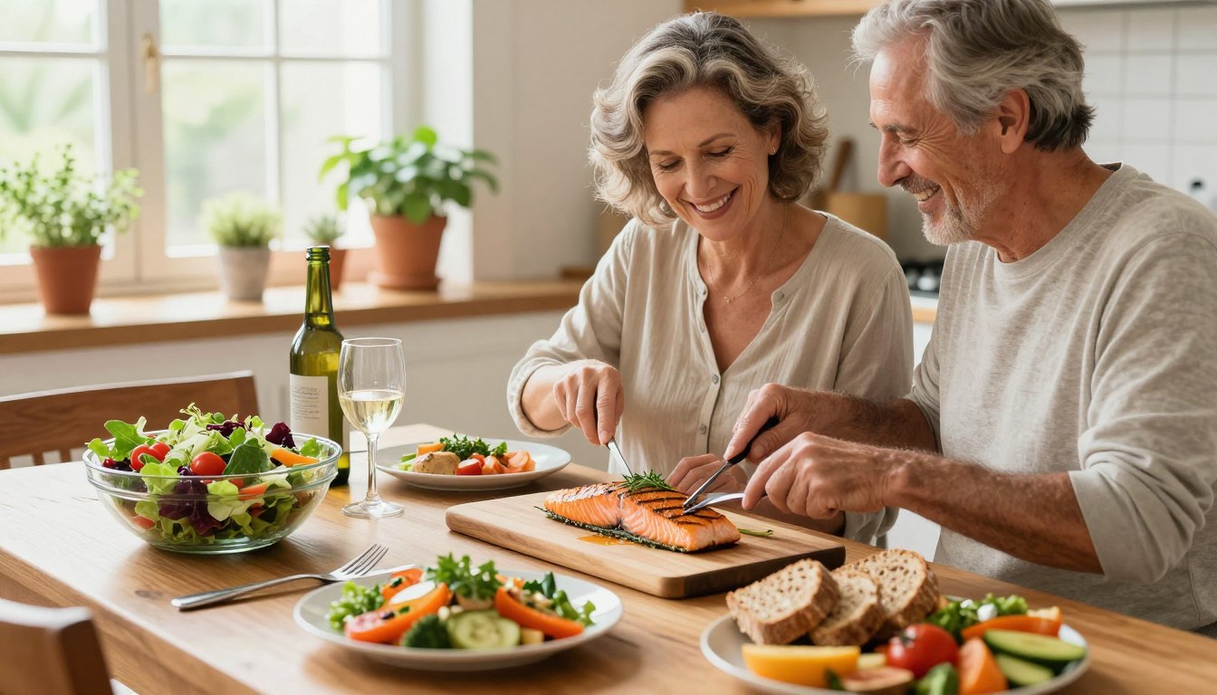A beautifully arranged dining table showcasing heart-healthy Mediterranean recipes, featuring fresh ingredients like vibrant salads, grilled salmon, whole grain bread, and colorful vegetables. In the foreground, a healthy adult couple in their 50s, dressed in modest casual clothing, are joyfully preparing a meal together, using a wooden cutting board and cooking utensils. The middle ground includes a beautifully plated dish garnished with herbs, while in the background, a sunny kitchen with herbs in pots and large windows creating a warm and inviting atmosphere. The lighting is soft and natural, enhancing the fresh colors of the food, conveying a sense of wellness and togetherness. The overall mood is cheerful and healthy, capturing the essence of Mediterranean-style cooking without any text or distractions. A beautifully arranged dining table showcasing heart-healthy Mediterranean recipes, featuring fresh ingredients like vibrant salads, grilled salmon, whole grain bread, and colorful vegetables. In the foreground, a healthy adult couple in their 50s, dressed in modest casual clothing, are joyfully preparing a meal together, using a wooden cutting board and cooking utensils. The middle ground includes a beautifully plated dish garnished with herbs, while in the background, a sunny kitchen with herbs in pots and large windows creating a warm and inviting atmosphere. The lighting is soft and natural, enhancing the fresh colors of the food, conveying a sense of wellness and togetherness. The overall mood is cheerful and healthy, capturing the essence of Mediterranean-style cooking without any text or distractions.