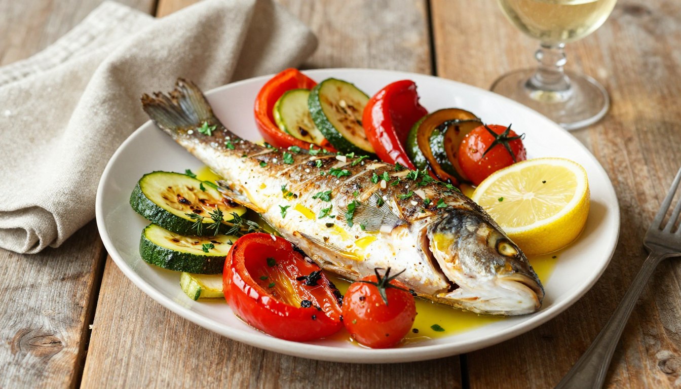 A beautifully arranged plate of Mediterranean baked fish, highlighting a whole fish seasoned with fresh herbs like parsley and thyme, drizzled with olive oil and lemon. Surrounding the fish are vibrant roasted vegetables, including bell peppers, zucchini, and cherry tomatoes, all glistening in the warm light. The background features a rustic wooden table, adding to the cozy atmosphere. Soft, natural lighting creates a warm, inviting mood, emphasizing the freshness of the ingredients. The scene is shot from a slightly elevated angle, capturing the dish’s texture and color details. A simple linen napkin and a glass of white wine complement the setting, evoking a sense of comfort and healthy eating. A beautifully arranged plate of Mediterranean baked fish, highlighting a whole fish seasoned with fresh herbs like parsley and thyme, drizzled with olive oil and lemon. Surrounding the fish are vibrant roasted vegetables, including bell peppers, zucchini, and cherry tomatoes, all glistening in the warm light. The background features a rustic wooden table, adding to the cozy atmosphere. Soft, natural lighting creates a warm, inviting mood, emphasizing the freshness of the ingredients. The scene is shot from a slightly elevated angle, capturing the dish’s texture and color details. A simple linen napkin and a glass of white wine complement the setting, evoking a sense of comfort and healthy eating.
